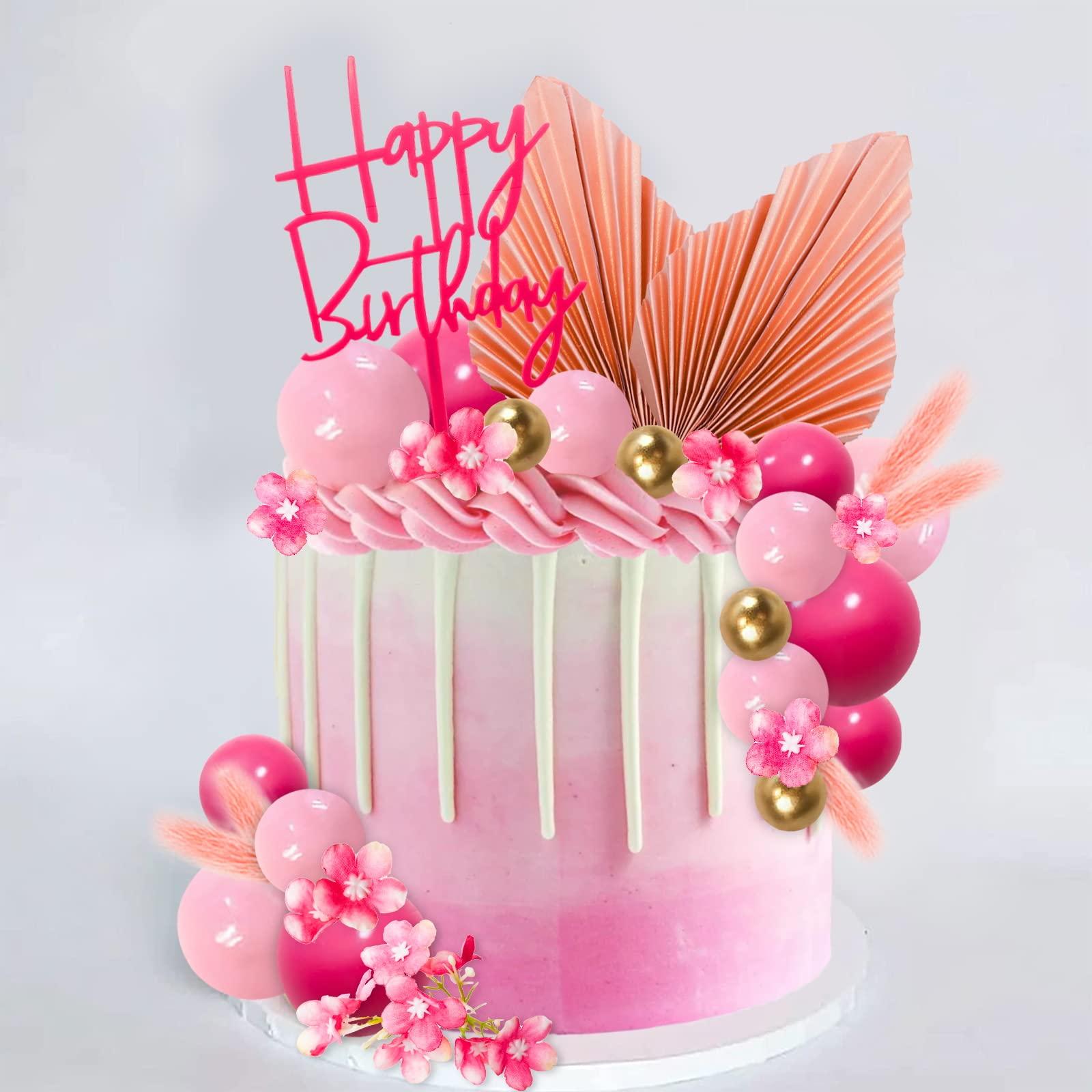 MEMOVAN MEMOVAN 29pcs Flower Boho Cake Topper Ball Cake Decorations Hot Pink Gold Balls Palm Leaves Artificial Plants Cake Decor for Girl Bohemian Hot Pink Princess Theme Wedding Baby Shower Birthday Party