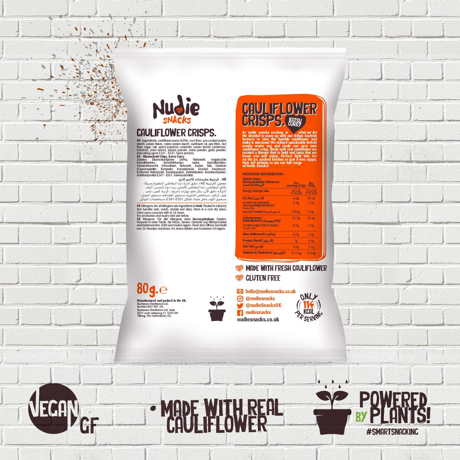 Nudie Snacks Healthy Snacks - Cauliflower Crisps by Nudie Snacks - Perfect Snack food for Kids Lunchboxes and Health Conscious Adults - 100% Vegan + Gluten Free - Katsu Curry (80g Sharing Bags)