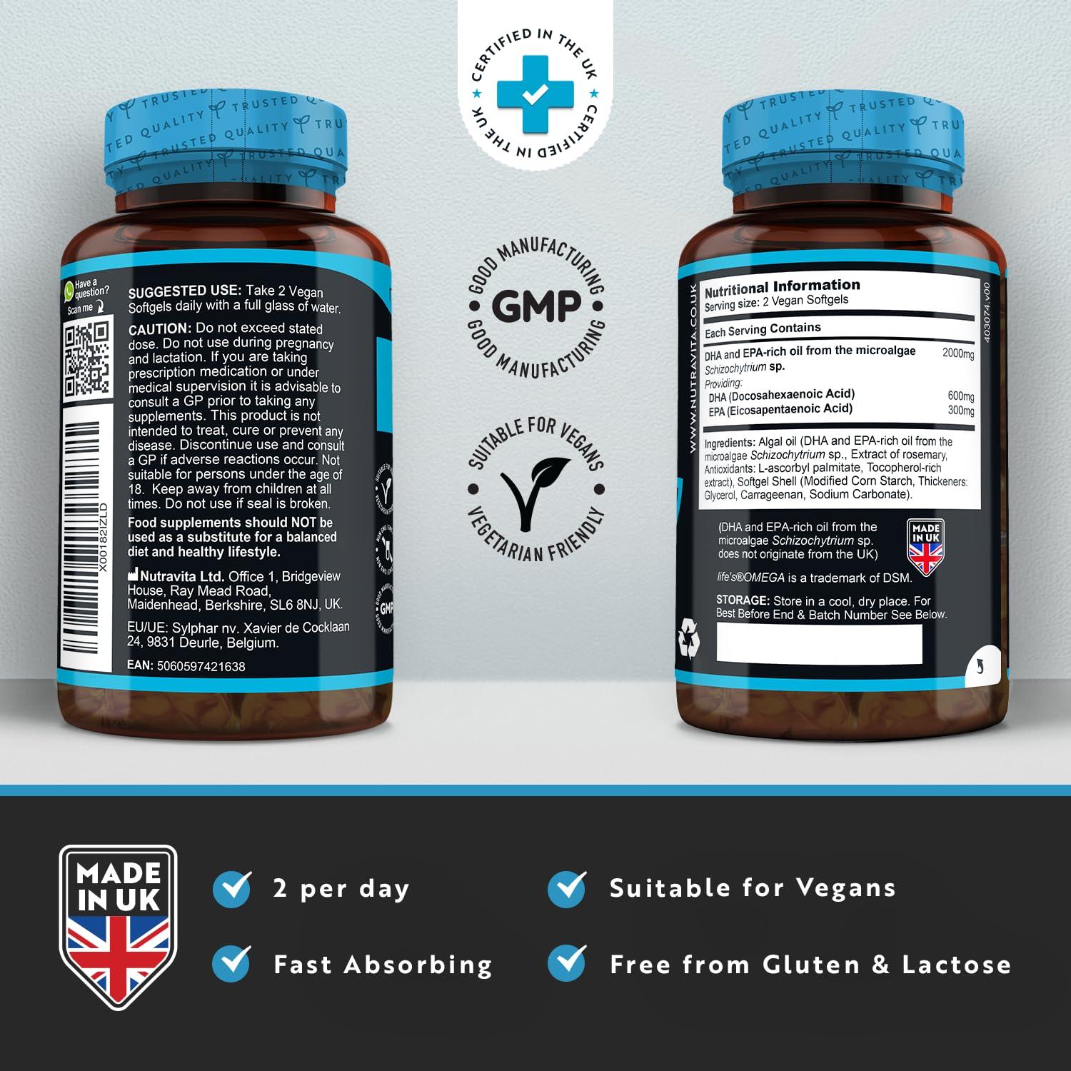 Nutravita Vegan High Strength Omega 3 2000mg Soft Gels - 600mg DHA & 300mg EPA per Serving - Plant-Based Omega 3 Softgels Derived from Sustainable Algal Oil - 60 Vegan Softgels - Made in The UK by Nutravita