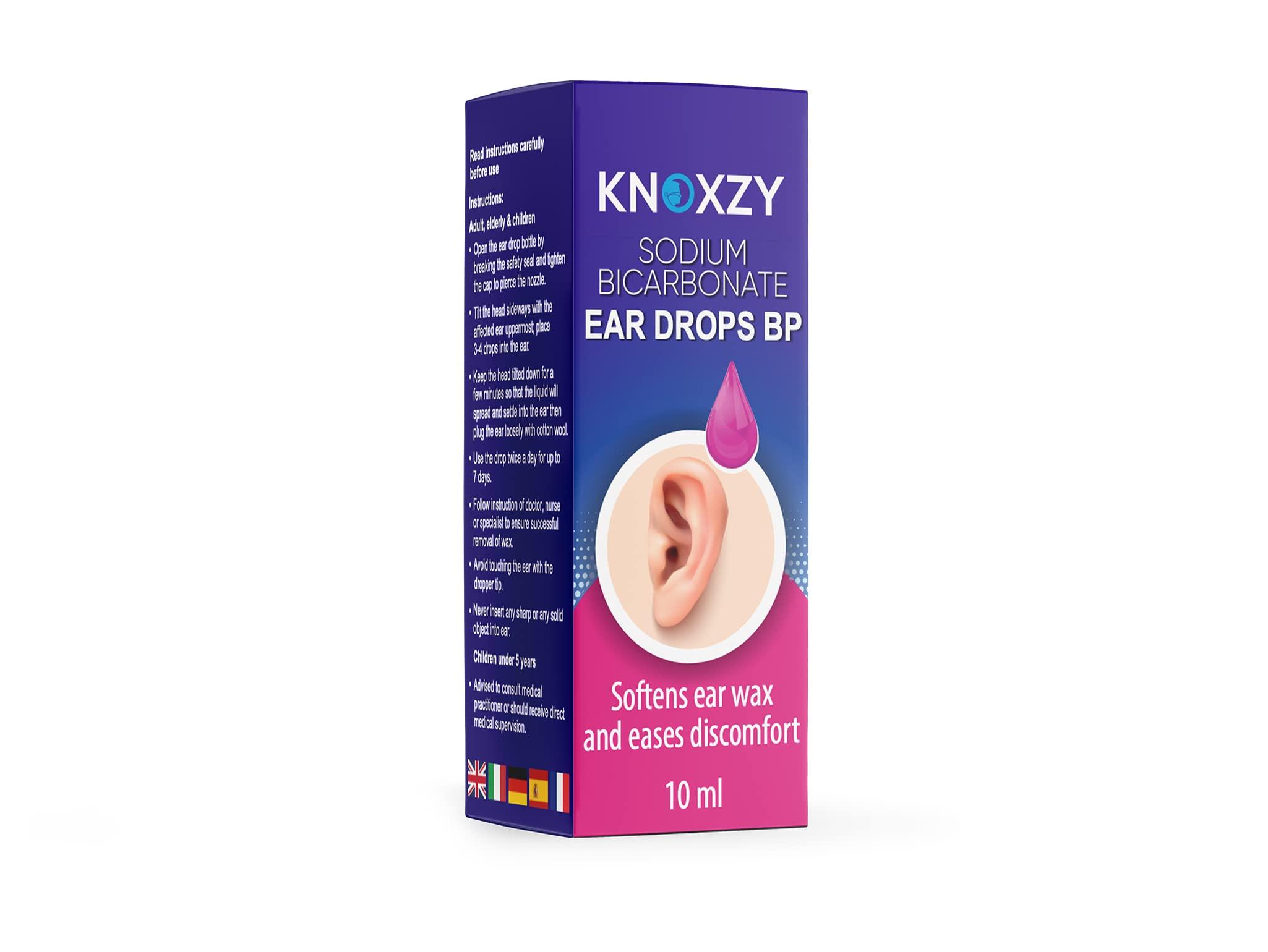 KNOXZY Knoxzy Sodium Bicarbonate Ear Wax Removal Drops, Clinically Tested Ear Drops, Ear Wax Softener for Clogged Ear Relief and Swimmers Ear - 10ml (Pack of 3).