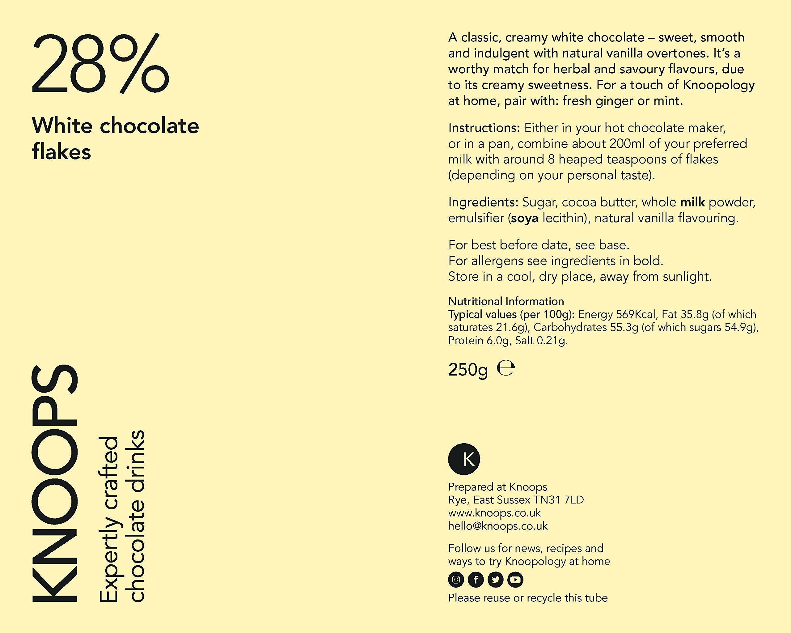 KNOOPS Knoops Luxury Hot Chocolate Flakes, 28% White Chocolate, Luxury Hot Cocoa, Luxurious Milky Treat with All Natural Ingredients | 250g (approx 7 servings)