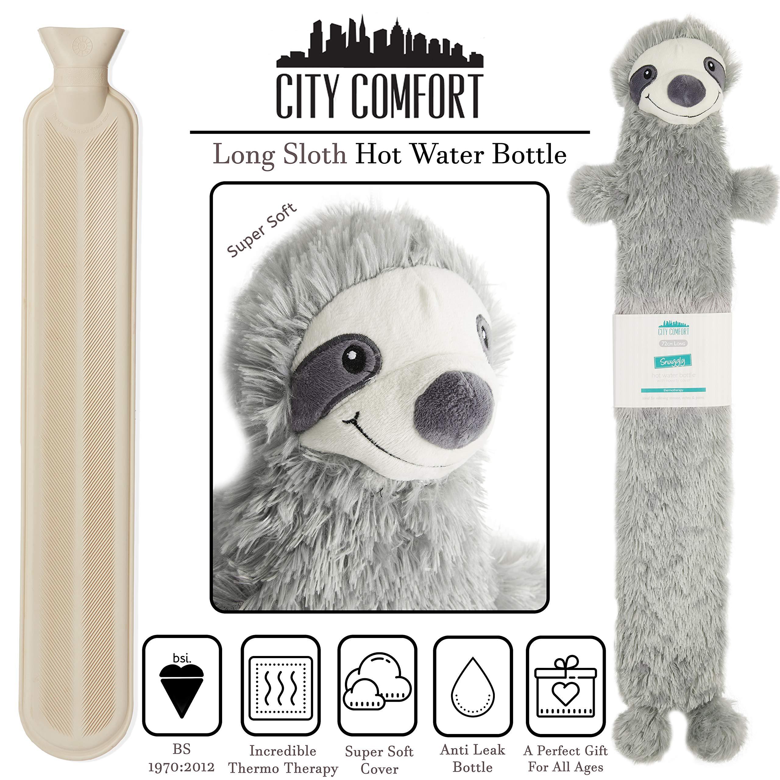 CityComfort CityComfort Sloth Hot Water Bottle, Extra Long Hot Water Bottles with Cover, 2 Litre Natural Rubber 72 cm Large Bed Warmer with Fluffy Animal Cover for Back, Tummy or Legs, Cute Sloth Gifts