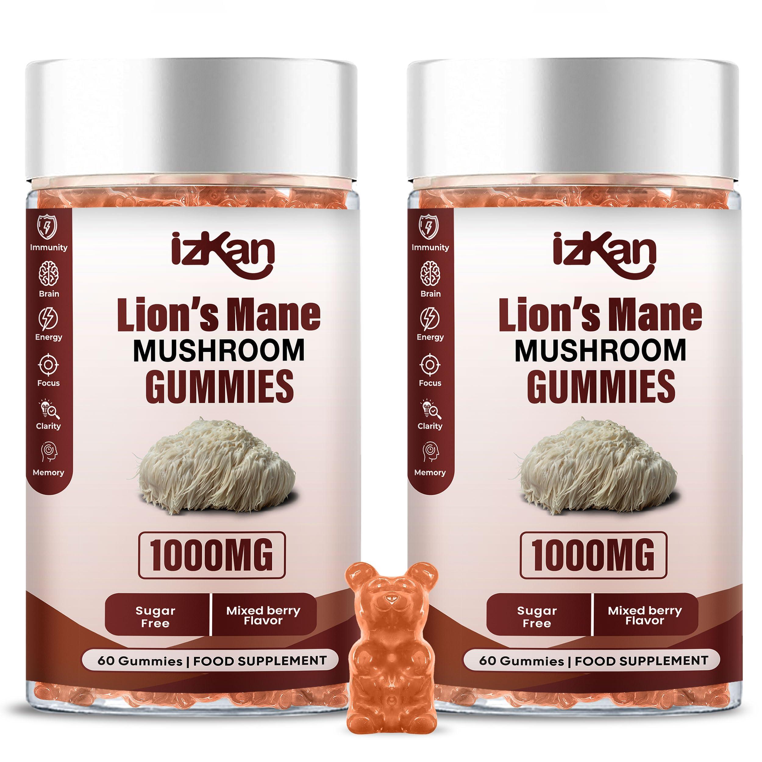 Izkan Mushroom Gummies 1000mg - Lion Mane Mushroom Gummies Supplement Promotes Focus, Memory, and Mood - 60 Count (Mixed Berry Flavor, Halal, Gluten-Free, Vegan) (2)