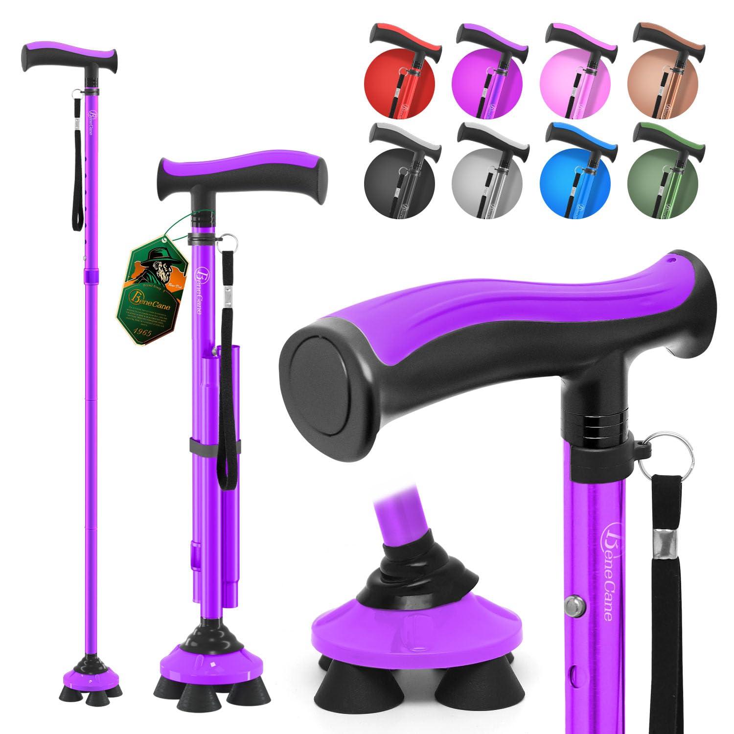 BeneCane BeneCane Walking Cane for Men & Women Walking Stick for Seniors Folding Canes Quad Cane Adjustable Lightweight Sturdy Free Standing Collapsible Heavy Duty with Soft TPR T-Handle and Travel Bag Purple