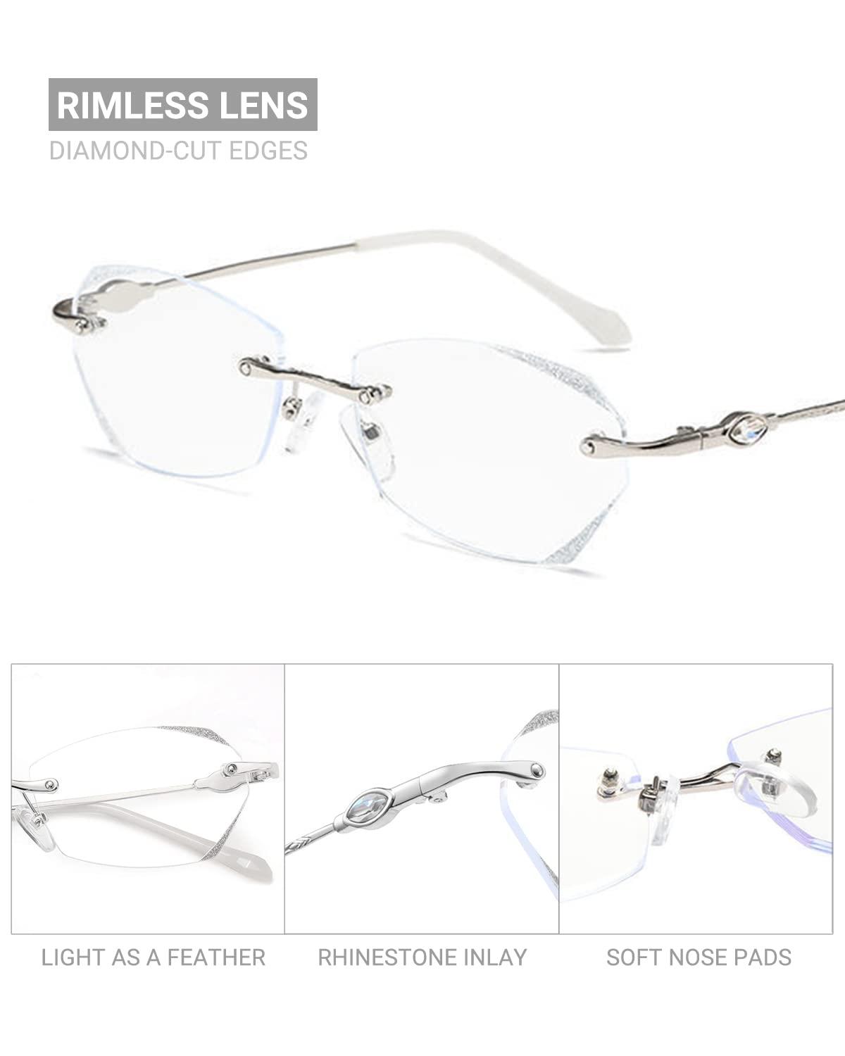 TERAISE TERAISE Frameless Reading Glasses For Women With Blue Light Blocking,Fashion Diamond Cutting Rimless Eyeglasses(4.0X)