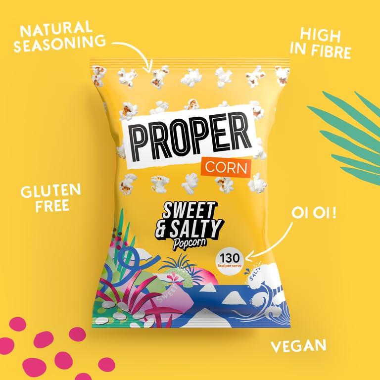 PROPER PROPERCORN Sweet & Salty Popcorn, 90g x 8, Sharing Bags, Natural Sea Salt and Demerara Sugar Seasoning, Vegetarian & Gluten-Free, 135 kcal per portion