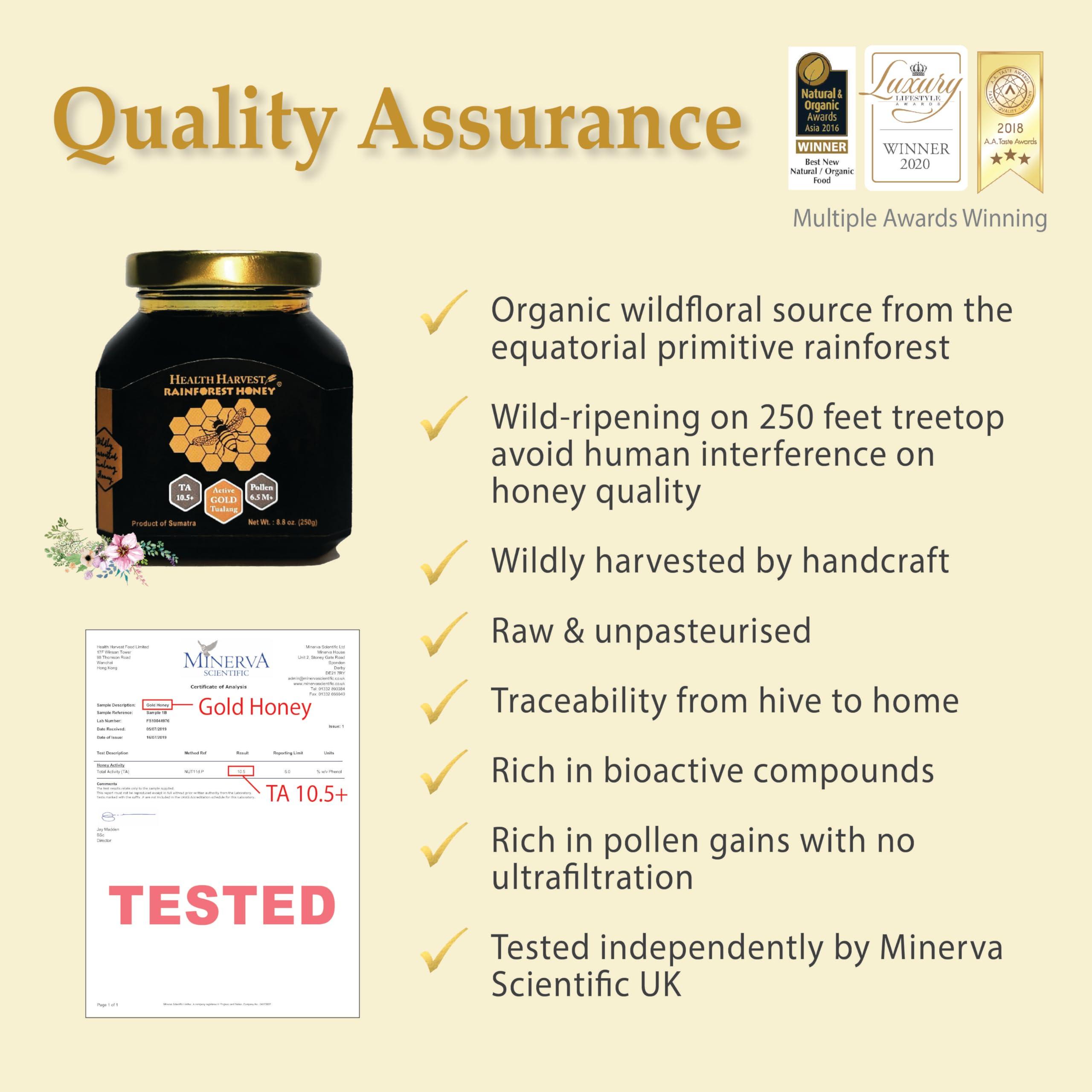 Health Harvest Premium Tualang Gold Honey 50g (TA 10.5+, Pollen Count 6.5M+, Pollen Variety 200+) Supreme Choice for Rehabilitation, Wild-ripening on 250ft Treetop, Raw, Unpasteurised, Unfiltered