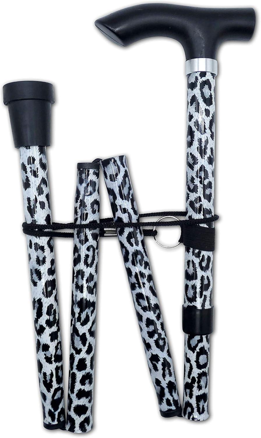 LIFE Life Healthcare Walking Stick for Women, for Elderly Or Disabled, Folding Adjustable Height, Right Or Left Handed, Non-Slip Rubber Tip, Wrist Strap, Lightweight (Black Leopard)