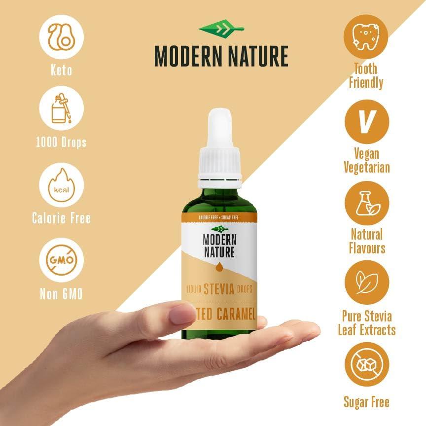 Modern Nature Modern Nature Salted Caramel Flavour Drops - Liquid Stevia Drops Sweetner - Zero Calorie Sugar Free Coffee Syrup Alternative For Flavoured Coffee, Protein Powder, Yoghurt, Tea Keto Sweetener 50ml
