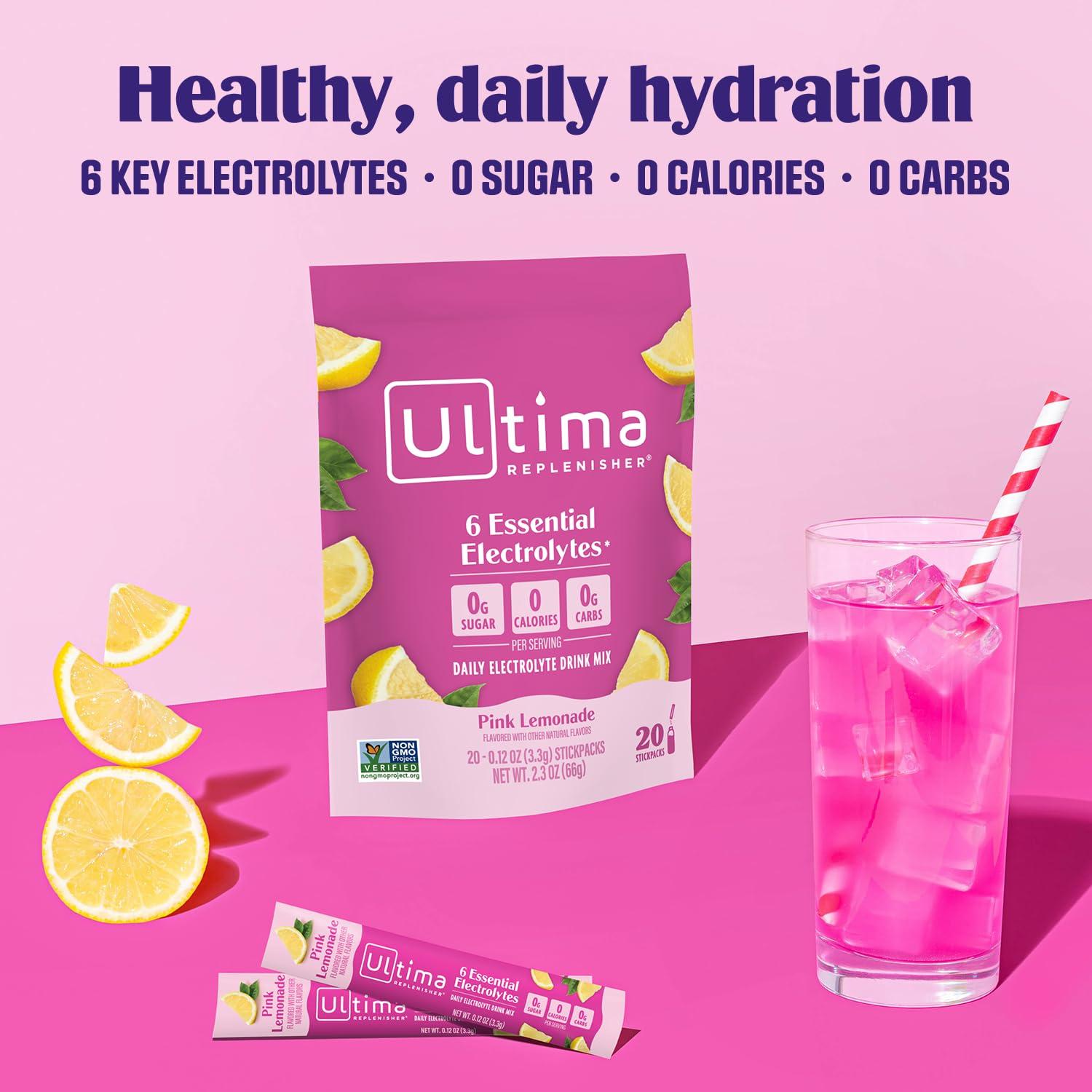 Ultima Replenisher Ultima Replenisher Daily Electrolyte Powder Drink Mix Sugar Free Pink Lemonade, 20 Stickpacks Hydration Packets with 6 Electrolytes and Trace Minerals Keto Friendly, Vegan, Non-GMO