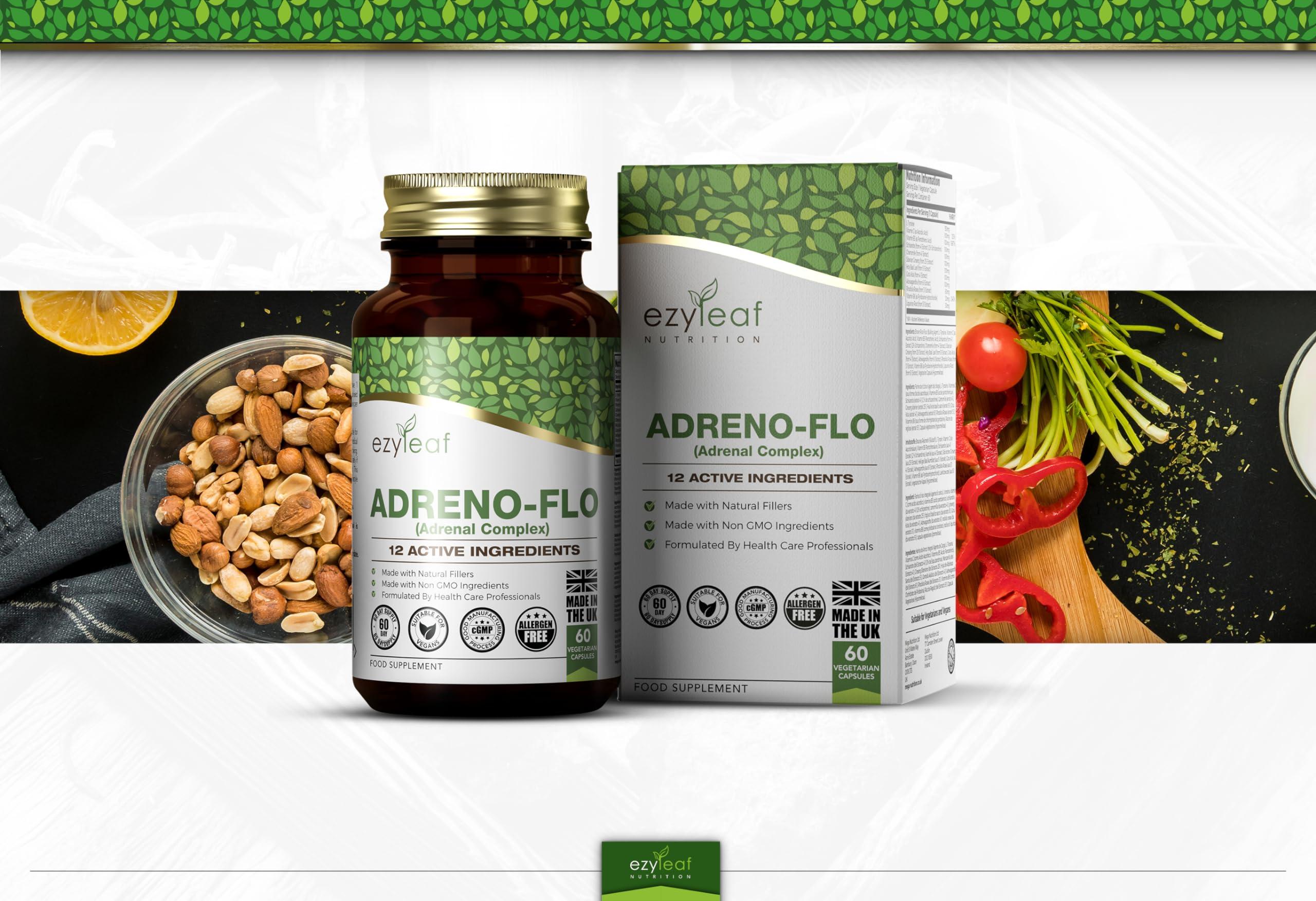 Ezyleaf Nutrition Ezyleaf Adreno-Flo | Ashwagandha Rhodiola Rosea Vitamin C | L Tyrosine Gotu Kola Liquorice Root Pantothenic Acid Ginseng Schisandra | 60 Vegan Capsules | Allergen Free, Non-GMO & UK ISO Certified