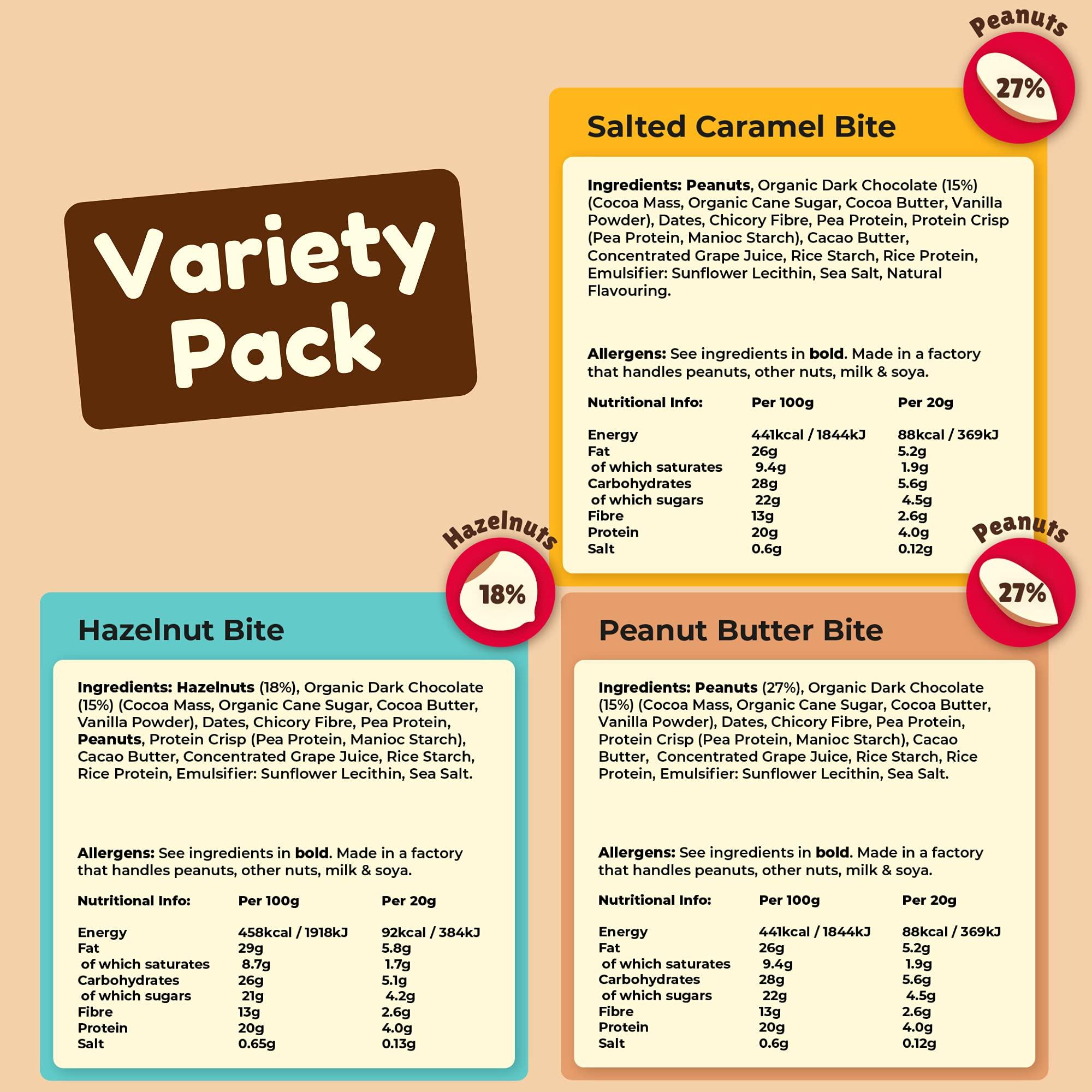 Vive Vive Dark Chocolate Coated Mixed Box Protein Bites - Gluten Free and Vegan - High Fibre Mini Protein Bars - Pack of 21