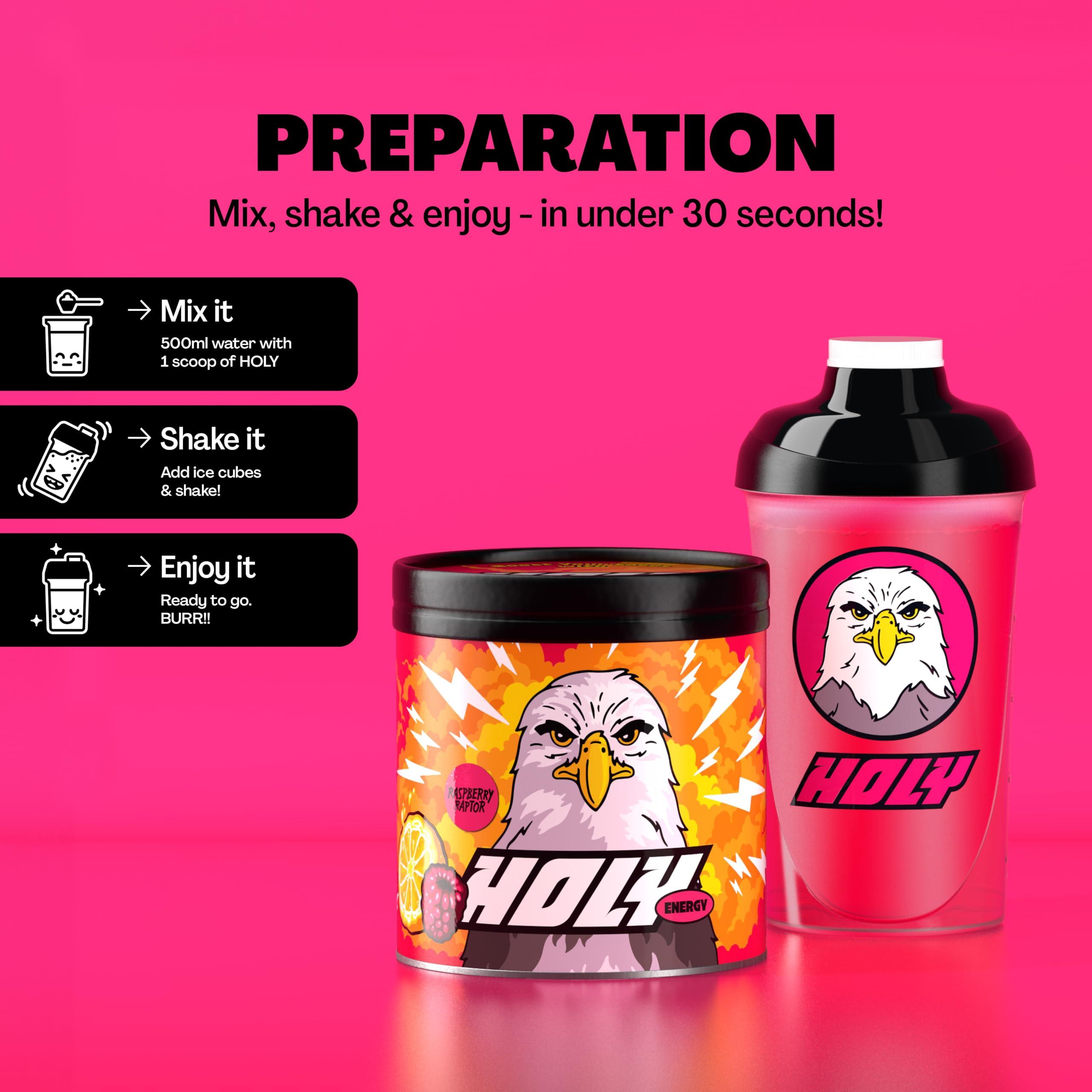 Holy Energy HOLY Energy Gaming Booster Flavour Powder | 50 portions with NewCaff & Green Tea Extract | Focus Booster - Focus Drink | Vegan with 100% natural fruit flavours (350 grams, Raspberry Raptor)