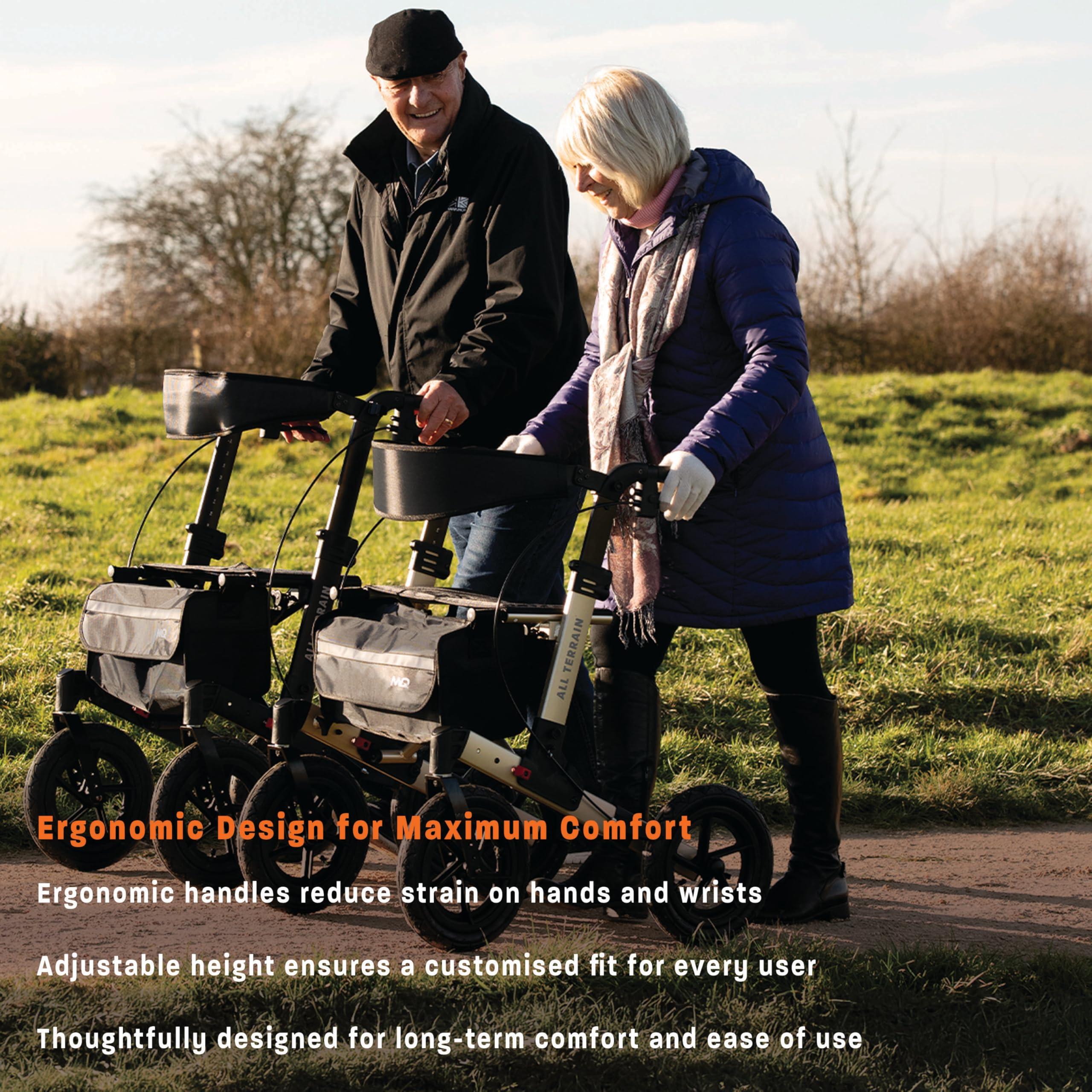 MobiQuip MobiQuip All Terrain 4 Wheel Walker with Seat, Folding Rollator with Large Wheels, Lightweight and Easy to Manoeuvre Over All Terrains, Walker for Adults Mobility or Walking Aid (Champagne)