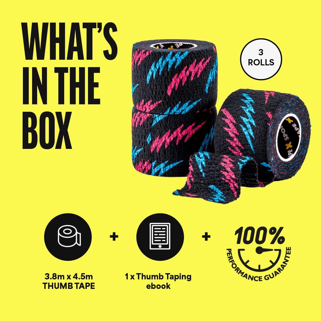 SPORTTAPE SPORTTAPE 3 Rolls Weightlifting Thumb Tape - Punk | CrossFit Tape with Sweatproof Adhesive | Easy Tear Grip Tape | Weightlifting Tape for Hook Grip, Olympic Lifting & Powerlifting - 3.8cm x 4.5m