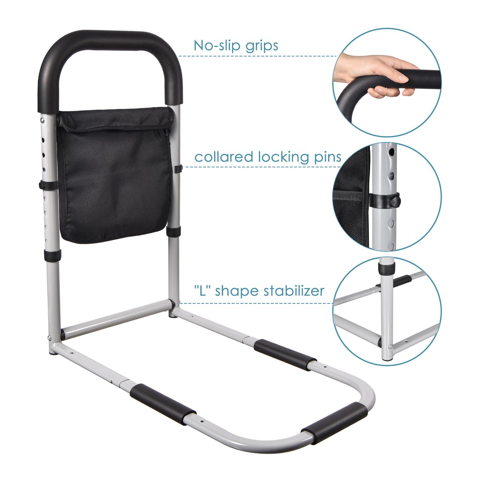 tomreky Bed Rails for Elderly Adults Assist Safety with Motion Light for Seniors Hand Bar Grab with Storage Pocket Patent Stabilizer with Fixing Strap, Support Up to 300lbs Grey