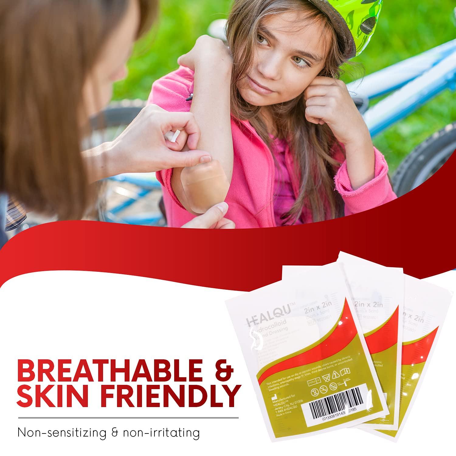 Healqu Healqu Hydrocolloid Wound Dressing - 2x2" Thin - Box of 20 Large Bandages - Abrasions, and More - Waterproof and Absorbent with Protective Standard