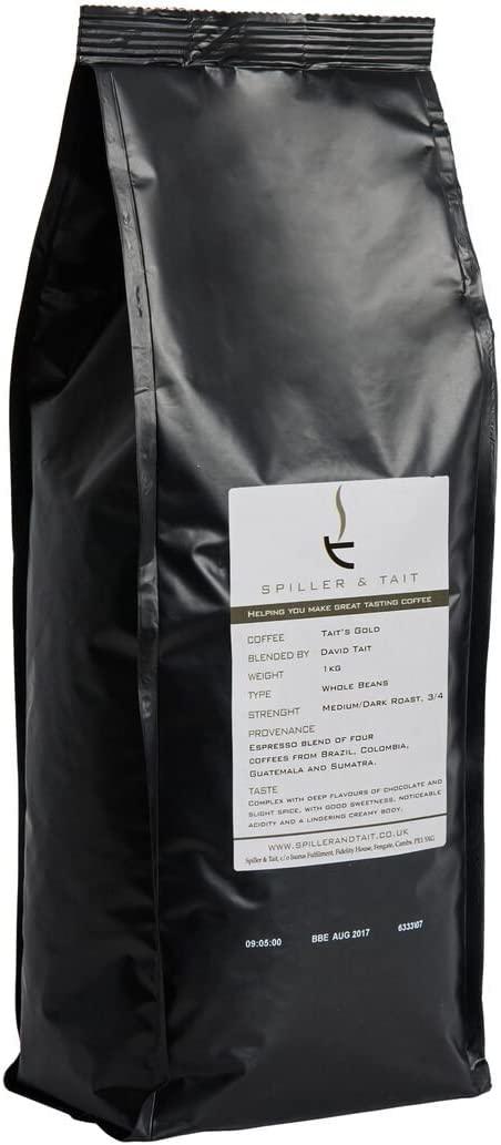 Spiller & Tait Spiller & Tait Tait's Gold, Gourmet Coffee Bean Blend 1kg Bag, Rich Arabica Beans Espresso Blend Medium/Dark Roast - Suitable for All Coffee Machines