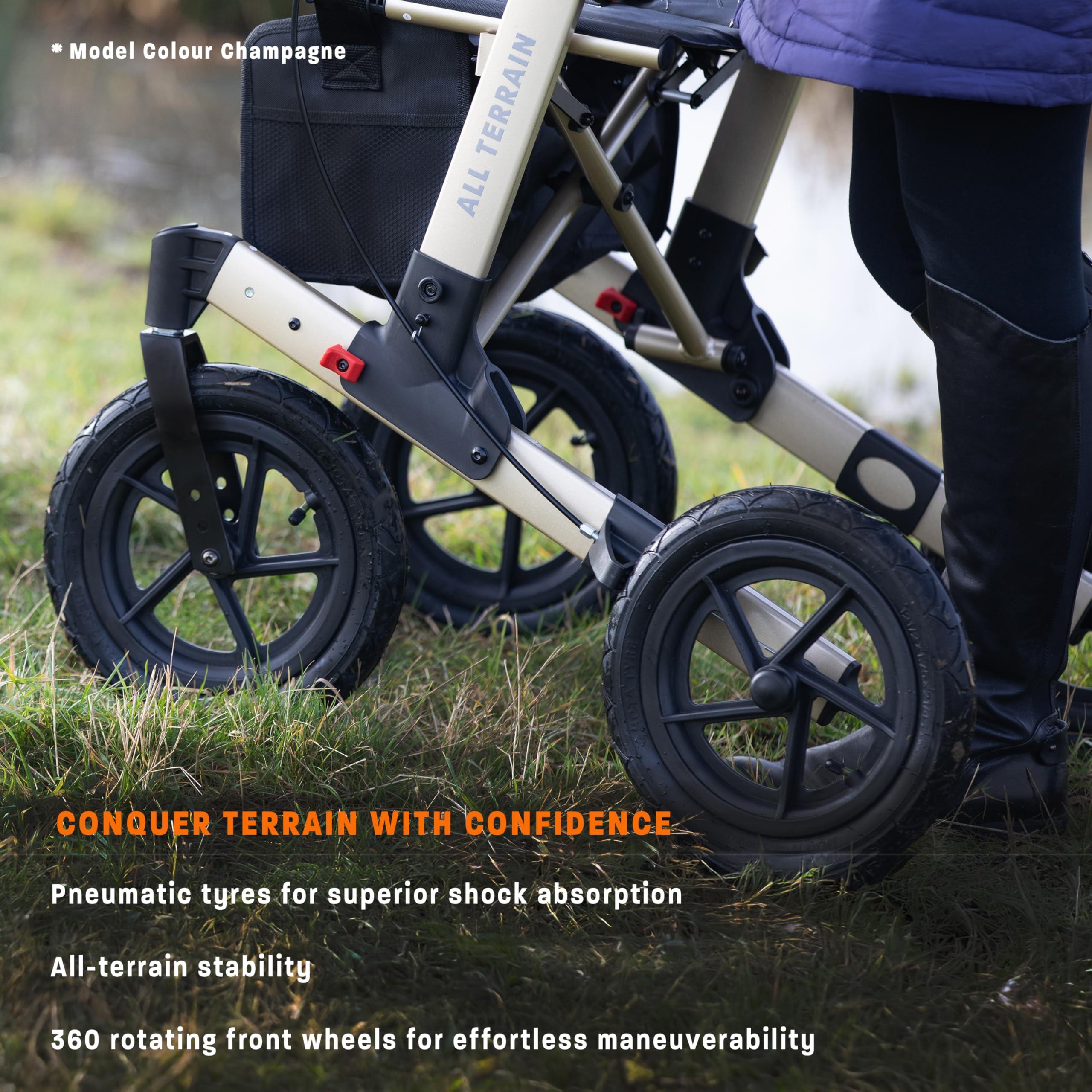 MobiQuip MobiQuip All Terrain 4 Wheel Walker with Seat, Folding Rollator with Large Wheels, Lightweight and Easy to Manoeuvre Over All Terrains, Walker for Adults Mobility or Walking Aid (Champagne)