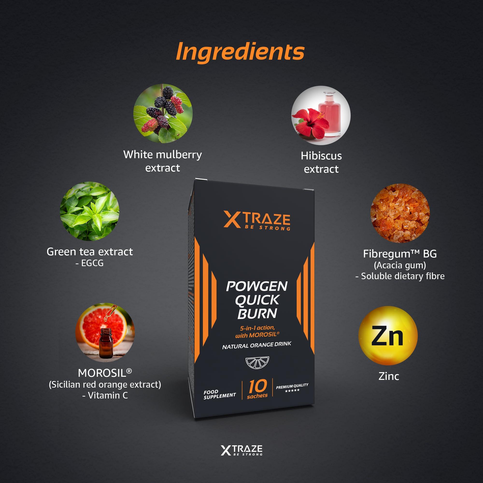 xtraze Morosil, Green Tea, White Mulberry Extract, Hibiscus, Vitamin C and Zinc, 10 sachets, PowGen Quick Burn with 5 in 1 Action by XTRAZE