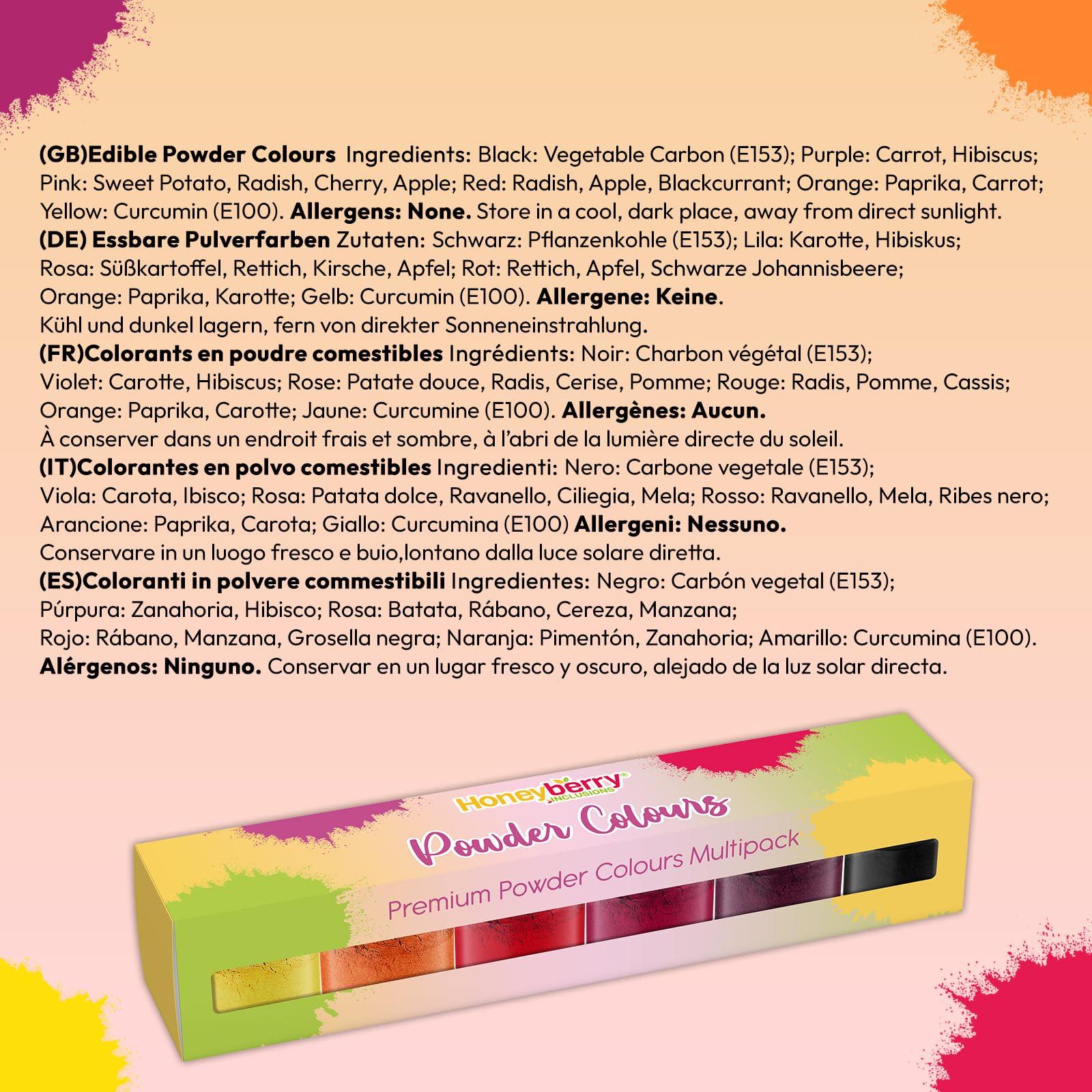 Honeyberry Edible Powder Colours Multipack (6 x 3.5g Jar) - Natural Food Grade Colouring Powders for Cooking, Baking, Icing and Cake Decorating - High Strength Food Colouring Dust for Vibrant Results (Warm)