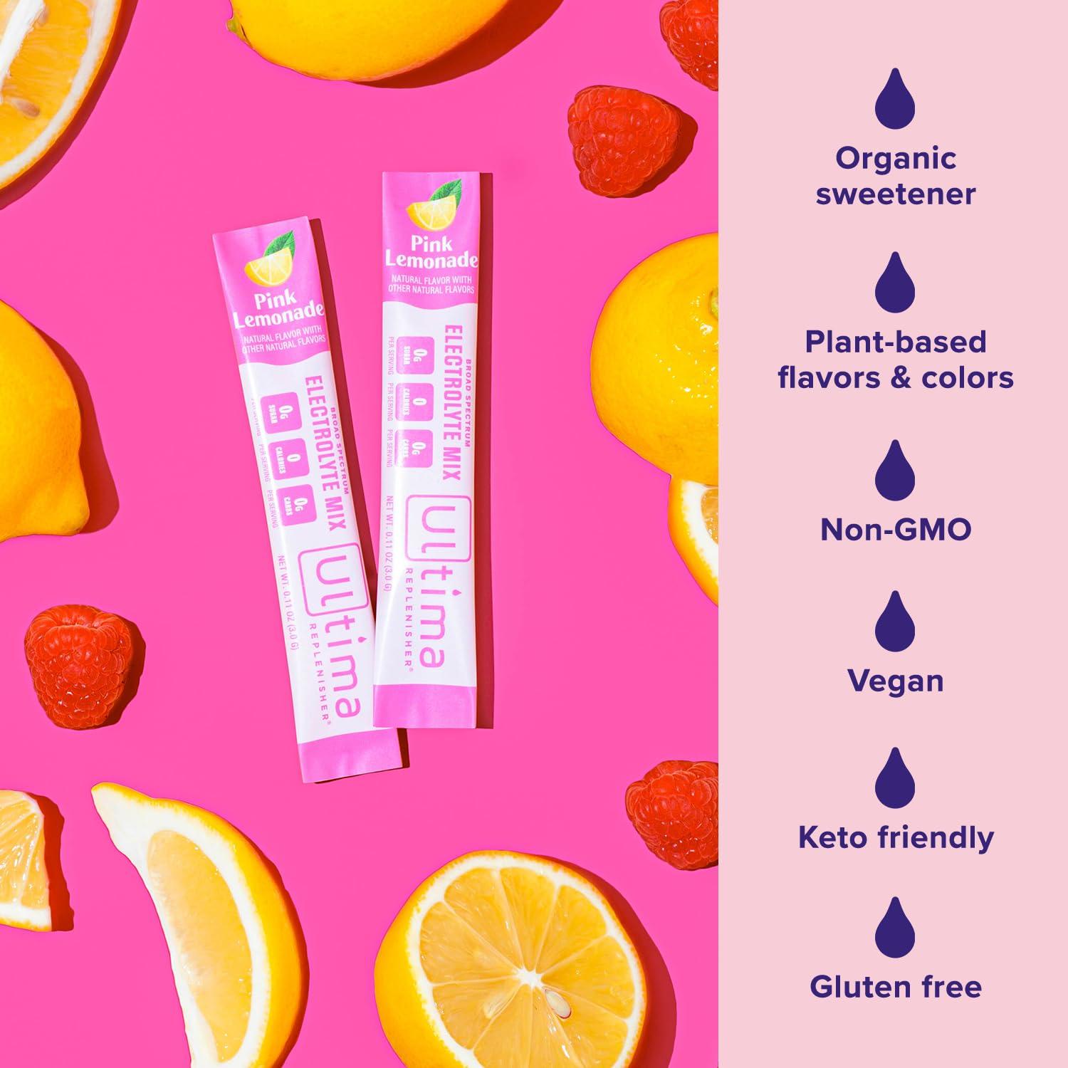 Ultima Replenisher Ultima Replenisher Daily Electrolyte Powder Drink Mix Sugar Free Pink Lemonade, 20 Stickpacks Hydration Packets with 6 Electrolytes and Trace Minerals Keto Friendly, Vegan, Non-GMO