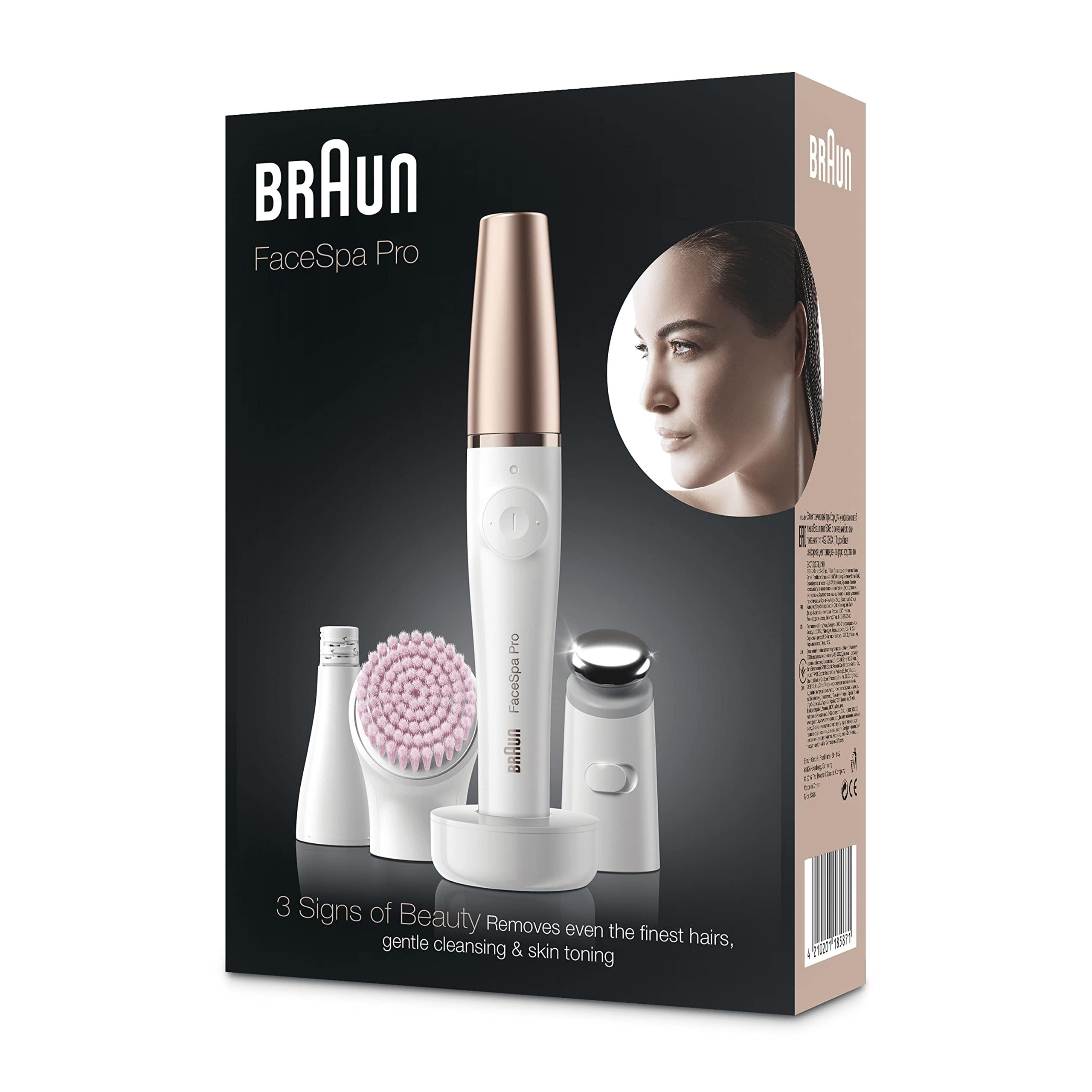 Braun Braun FaceSpa Facial Epilator for Women, Hair Removal with Facial Cleansing Brush Head, Toning Head and Charger Stand, Wet and Dry, SE912, White/Bronze