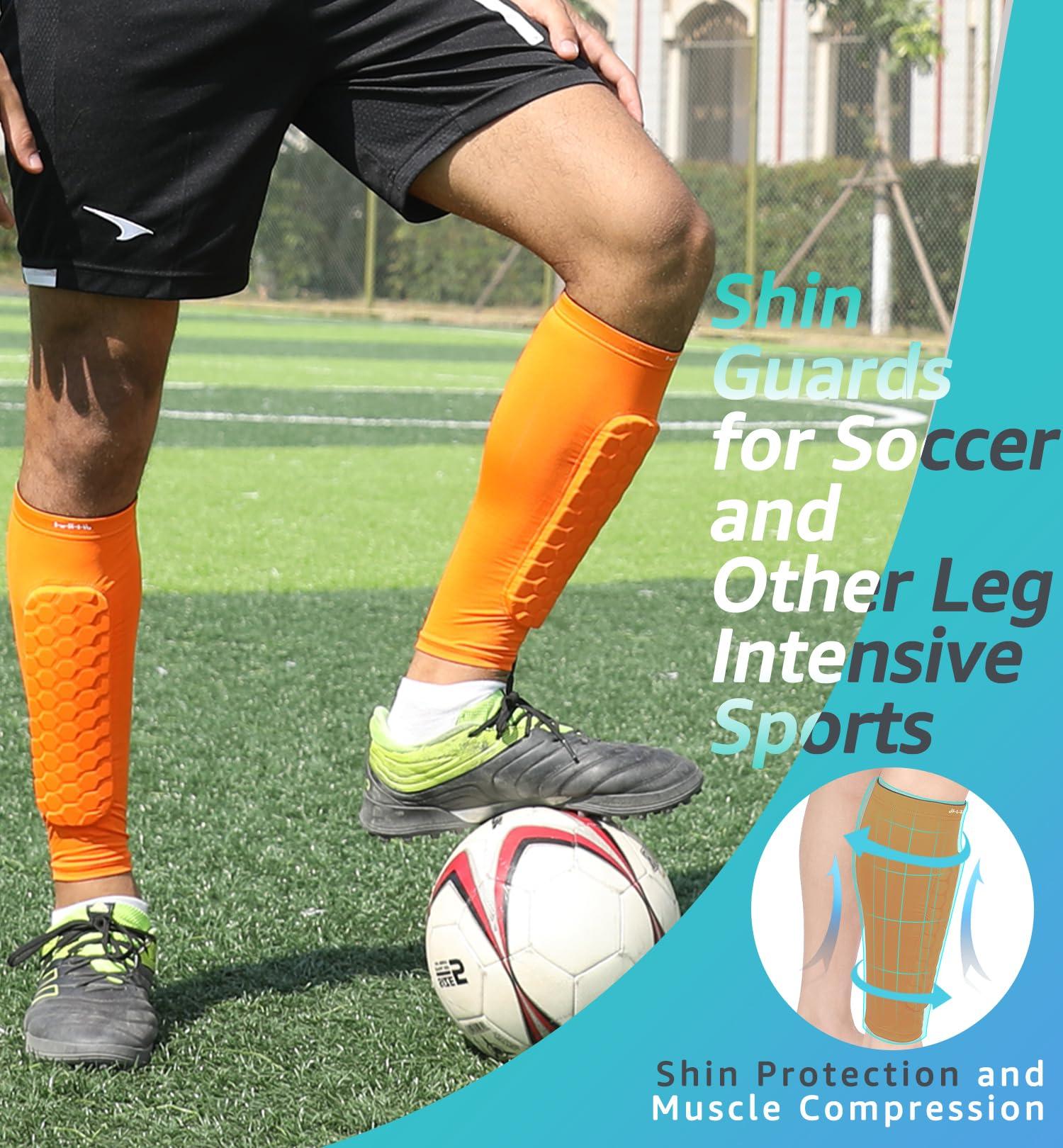 HiRui HiRui Soccer Shin Guards Shin Pads for Kids Youth Adult, Calf Compression Sleeve with Honeycomb Pads, Support for Shin Splint Baseball Boxing Kickboxing MTB, Lightweight(1PAIR)(Orange, L)