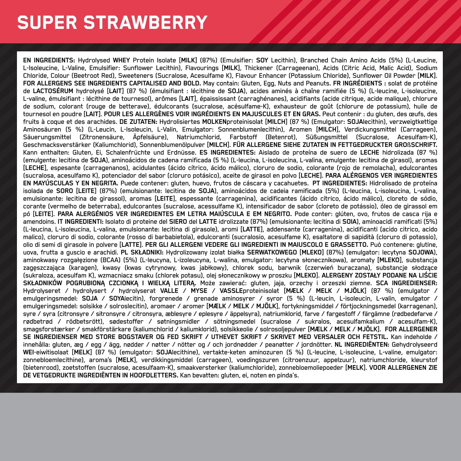 Optimum Nutrition Optimum Nutrition Platinum Hydro Whey, Hydrolysed Whey Protein Isolate Powder with Essential Amino Acids, Glutamine and BCAA, Super Strawberry Flavour, 40 Servings, 1.6 kg