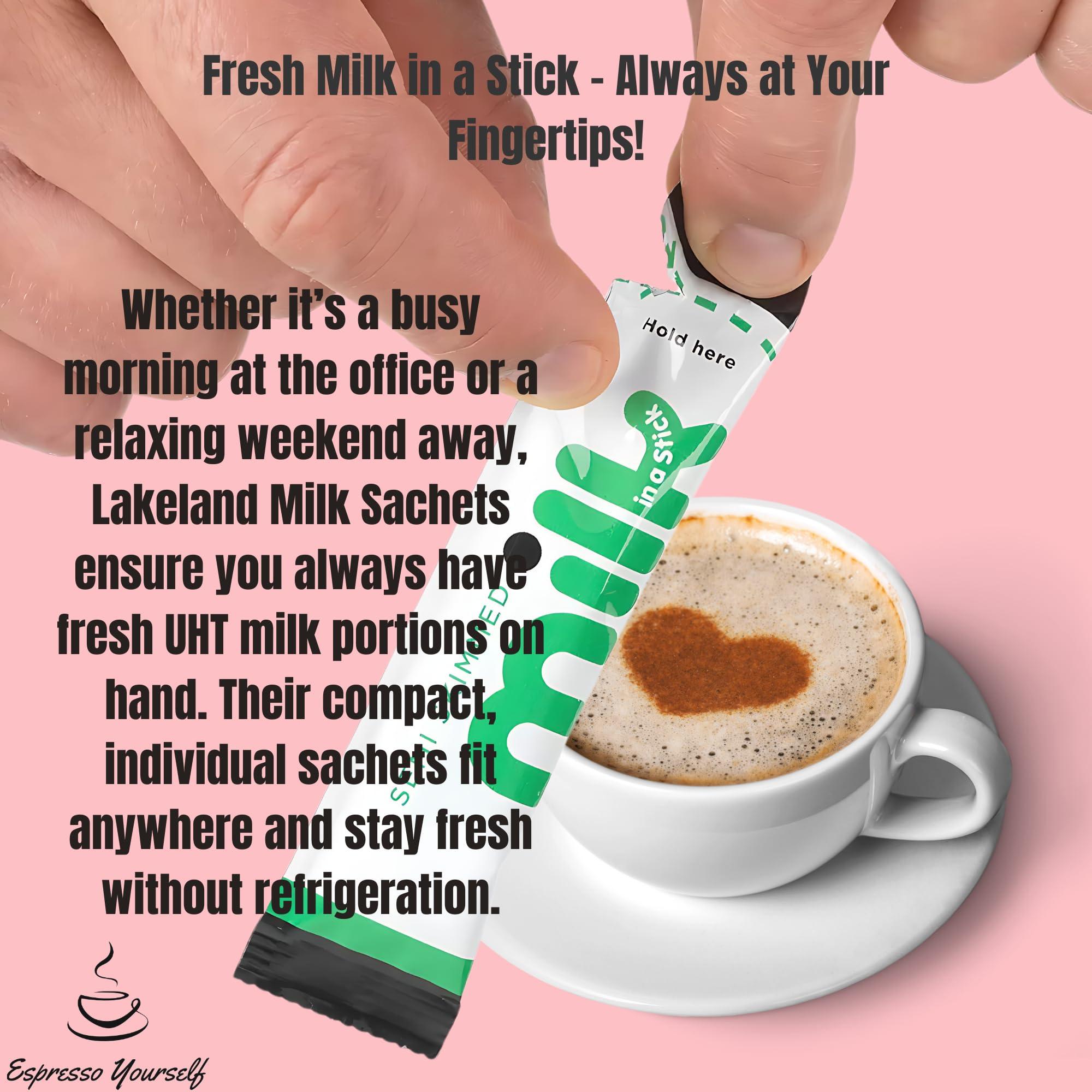 Espresso Yourself 30 x Lakeland Dairies Milk In A Stick - UHT Semi Skimmed Milk Sachets - 10ml Each. Ideal for Travel, Camping, Work, Hotels, Airplanes, and Letterbox Friendly Packaging By Espresso Yourself