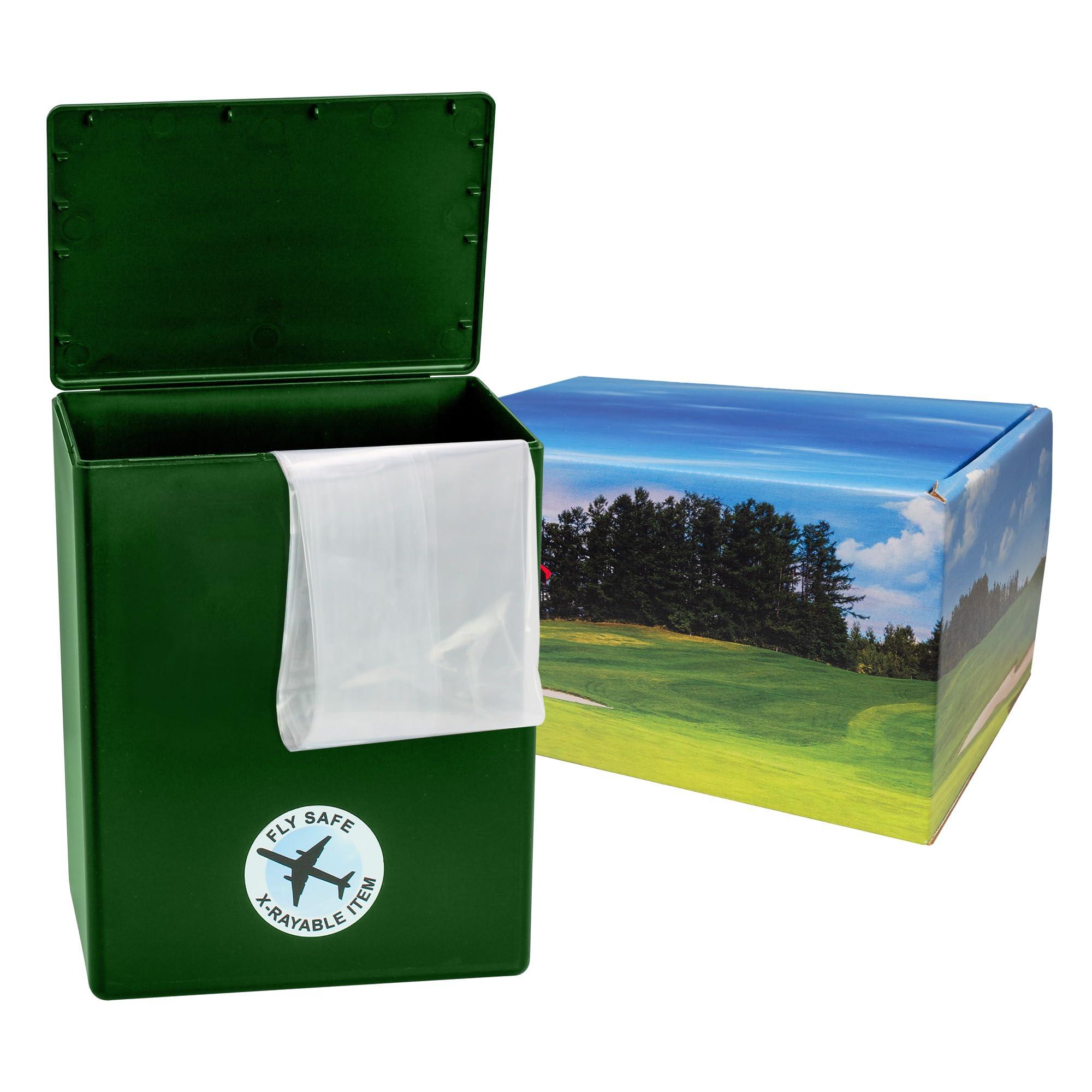 Mainely Urns Golf Themed TSA Approved Fly-Safe and Temporary Travel Cremation Urn Kit for Human Ashes - Airline and Mail Friendly - 200 Cubic Inch Capacity - Green Plastic Urn with Fairwary Mailing Box