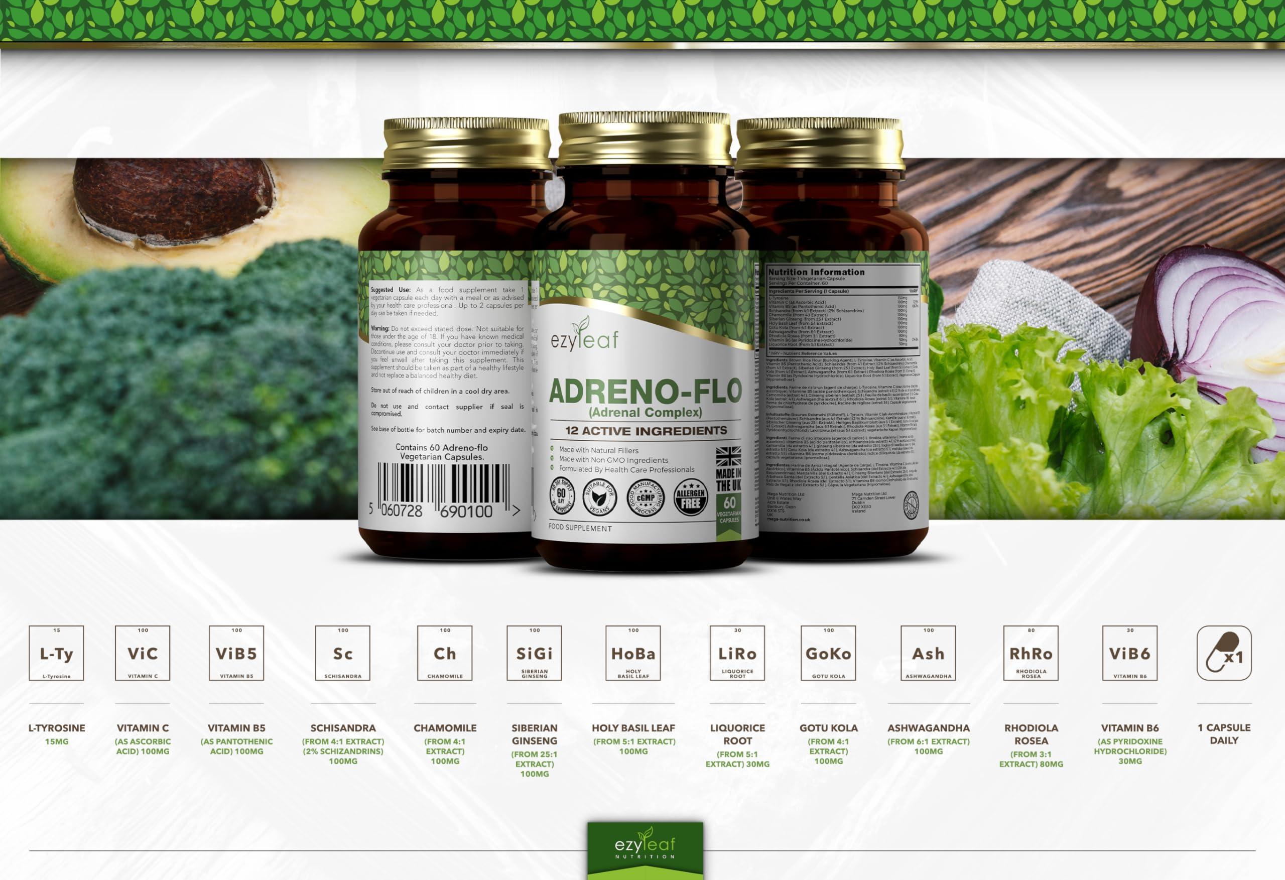 Ezyleaf Nutrition Ezyleaf Adreno-Flo | Ashwagandha Rhodiola Rosea Vitamin C | L Tyrosine Gotu Kola Liquorice Root Pantothenic Acid Ginseng Schisandra | 60 Vegan Capsules | Allergen Free, Non-GMO & UK ISO Certified