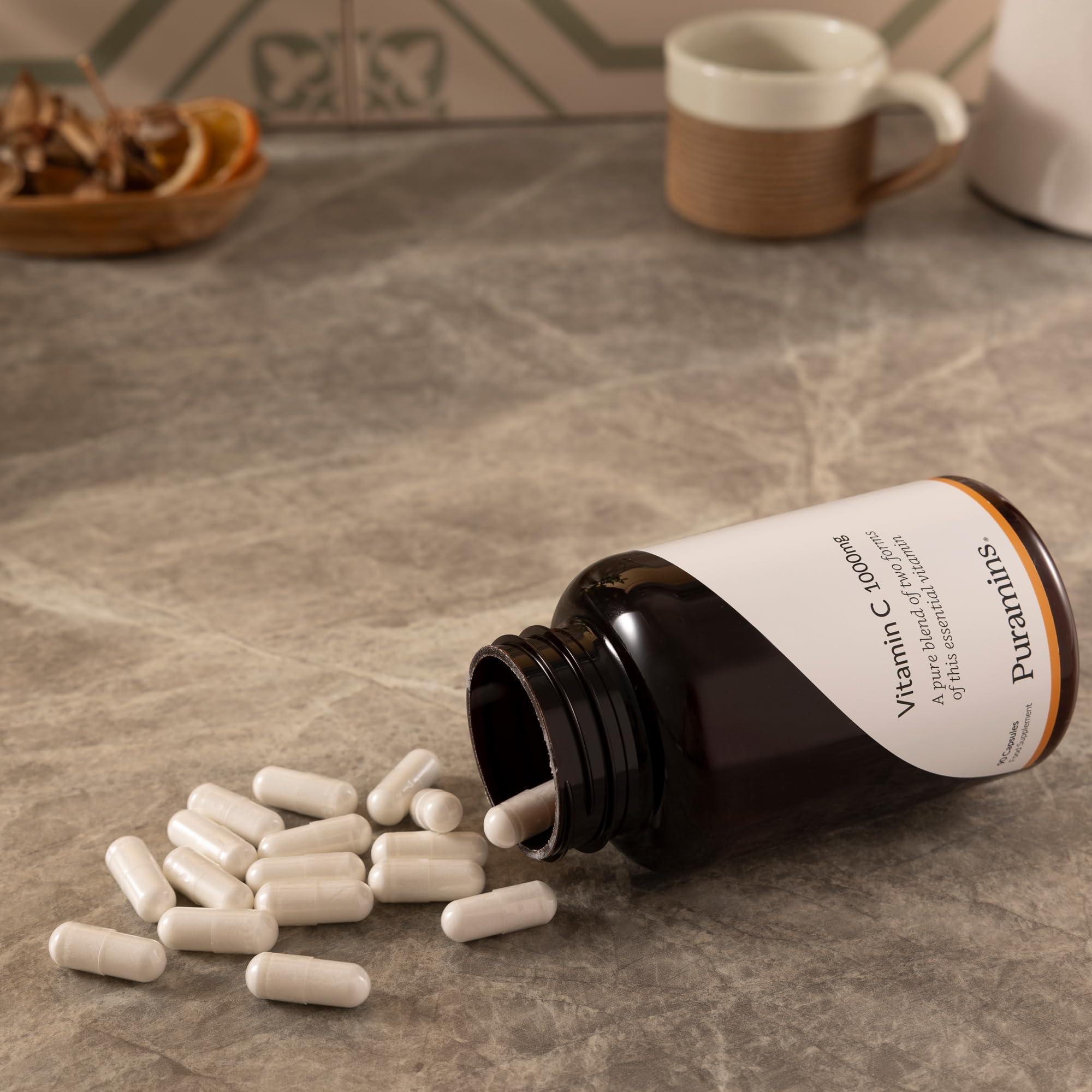 puramins Vitamin C 1000mg, Pure High Strength Vitamin C Capsules with No Additives, Fillers or Binders, Ascorbic Acid and Sodium Ascorbate Powder Complex Supplement, 90 Vegan Capsules, Made in UK by Puramins