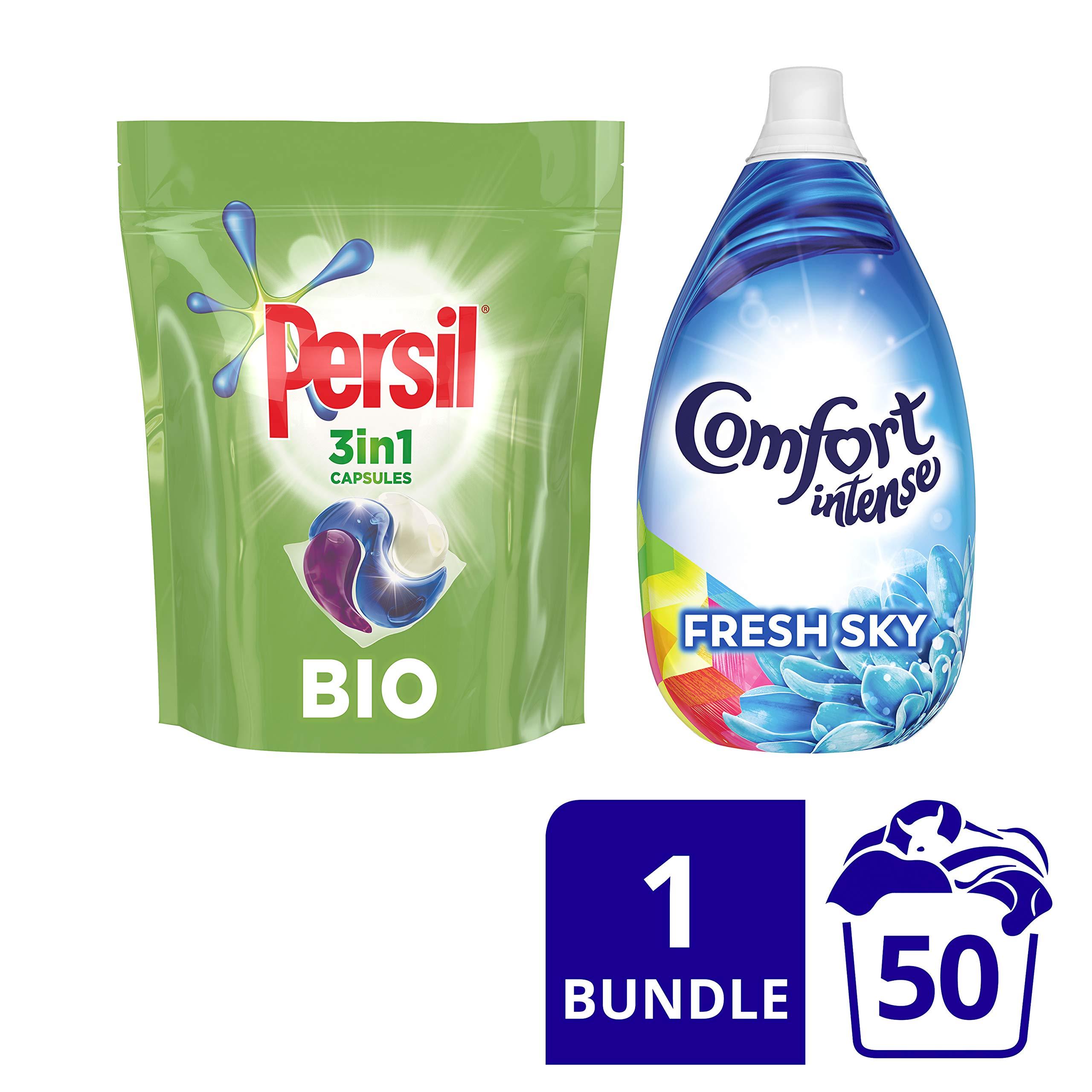 Persil Persil Bio Washing Detergent Capsules and Comfort Intense Fresh Sky Fabric Conditioner 3 month supply Perfect Clean Laundry Bundle 50 Washes