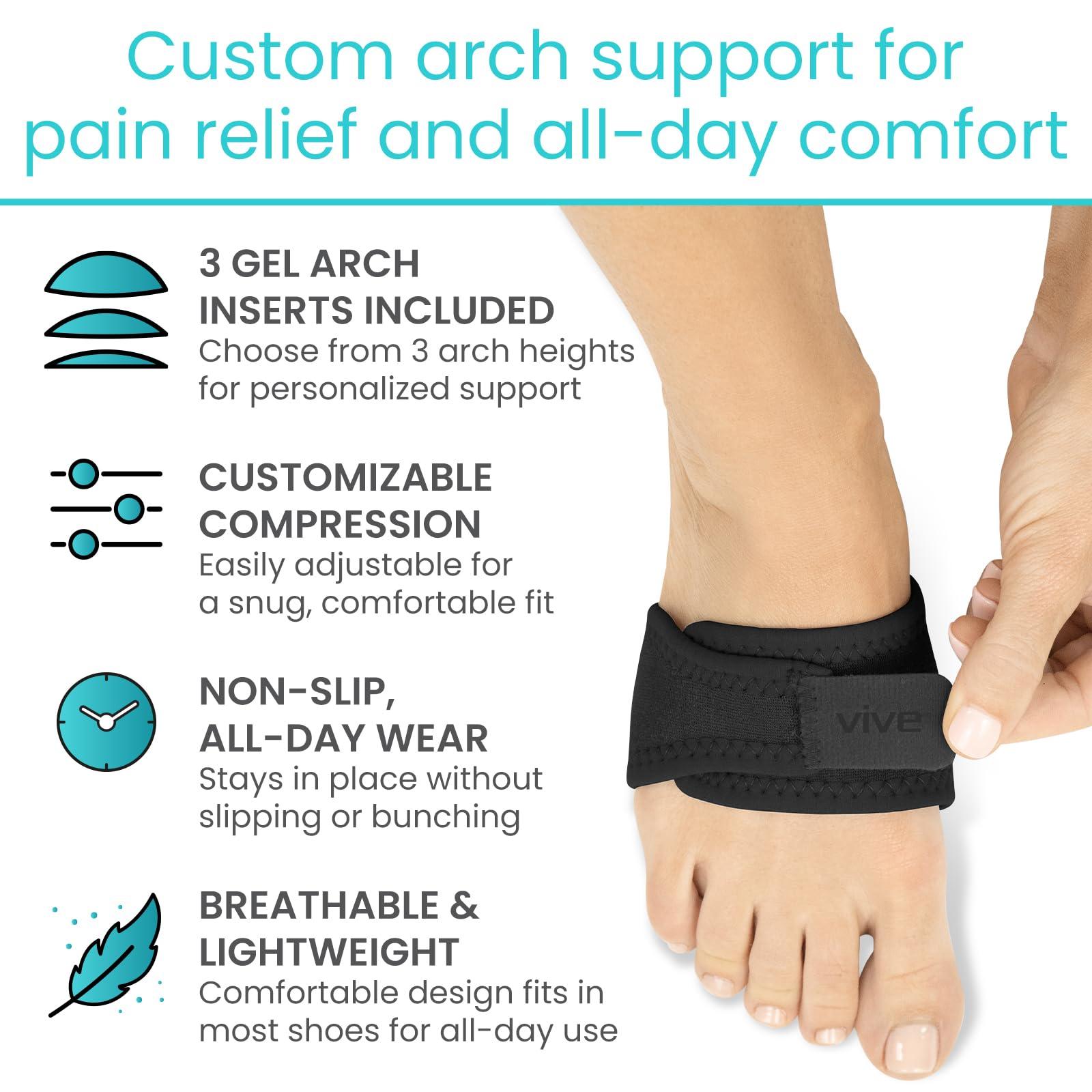 Vive Vive Arch Support Brace (Pair) - Plantar Fasciitis Gel Strap for Men, Woman - Orthotic Compression Support Wrap Aids Foot Pain, High Arches, Flat Feet, Heel Fatigue (Black)
