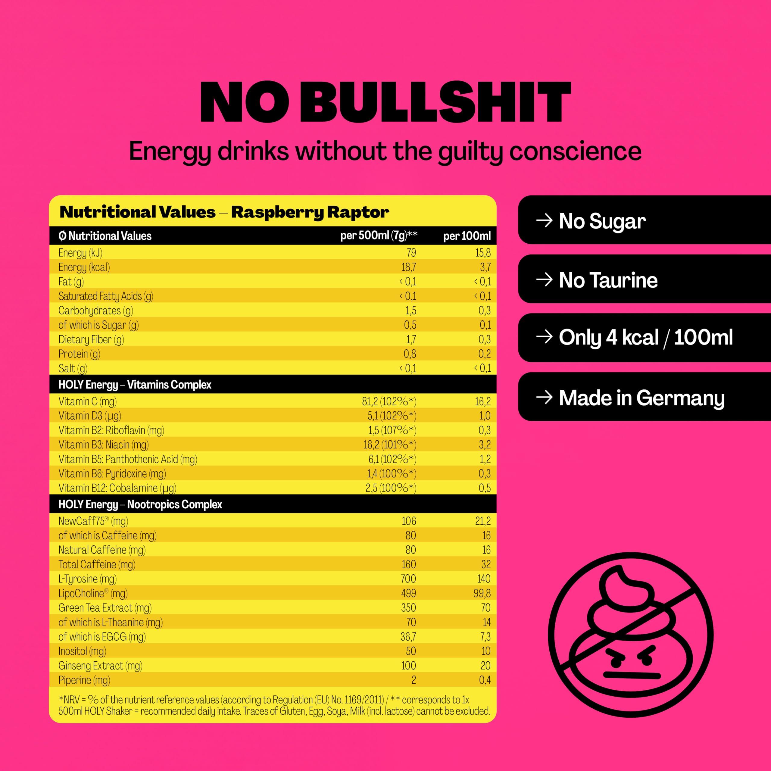 Holy Energy HOLY Energy Gaming Booster Flavour Powder | 50 portions with NewCaff & Green Tea Extract | Focus Booster - Focus Drink | Vegan with 100% natural fruit flavours (350 grams, Raspberry Raptor)