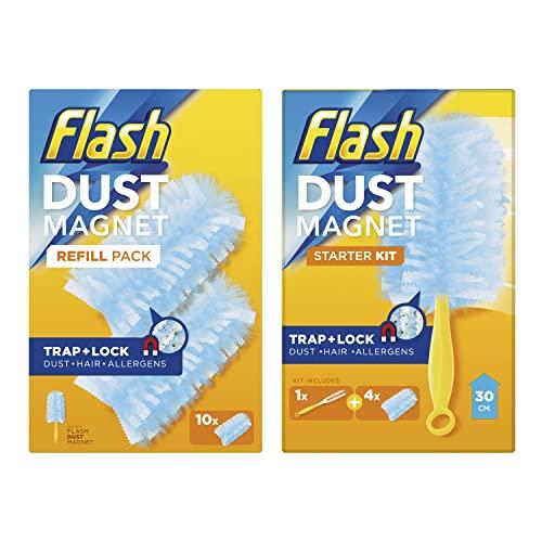 FLASH Flash Duster Dust Magnet Starter Kit, Dusters, 1 Handle + 14 Refills, Trap And Lock Away Dust, Dirt And Hair In No Time, Flash Dust Magnet Refill