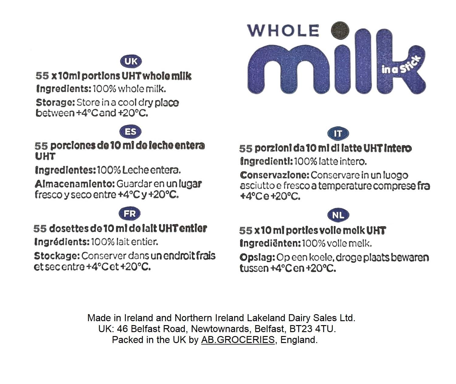 AB.GROCERIES 55x Whole UHT Milk Sticks 10ml Individually Wrapped Pouches Portions Sachets Lakeland