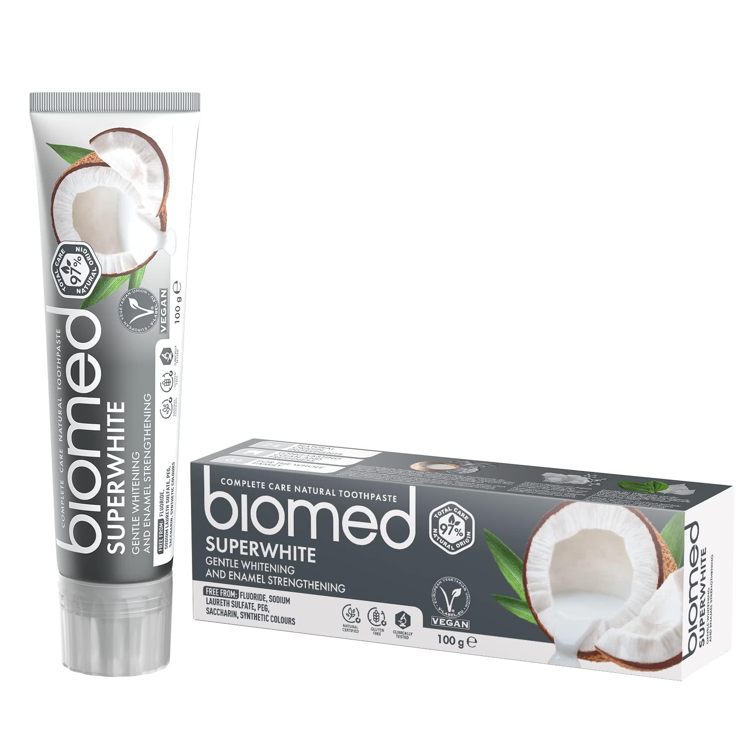 BIOMED Biomed Superwhite 97% Natural Whitening Toothpaste | Enamel Strengthening | Coconut Flavour, Vegan, SLES Free 6x100g