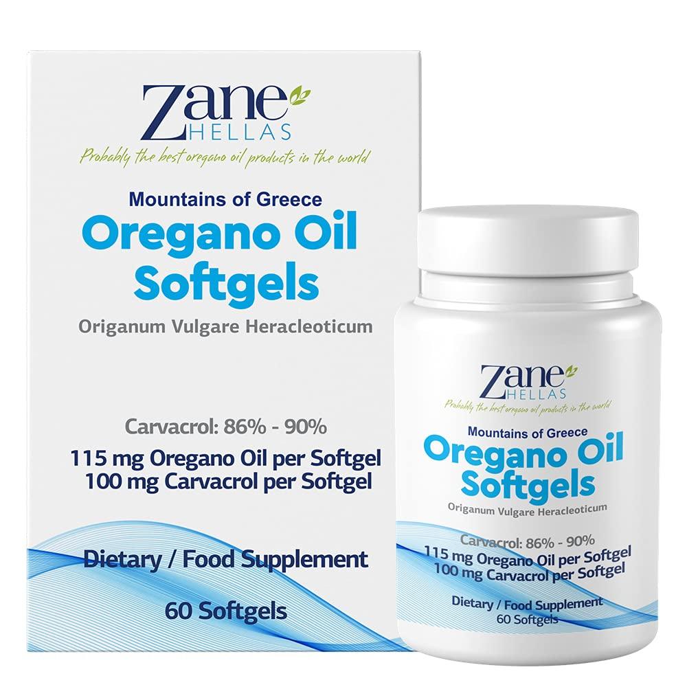 Zane HELLAS Probably the best oregano oil products Zane Hellas Oregano Oil Softgels. Extra Strength. Every Softgel Contains 20% Greek Essential Oil of Oregano. 100 mg Carvacrol per Softgel.60 Softgels.