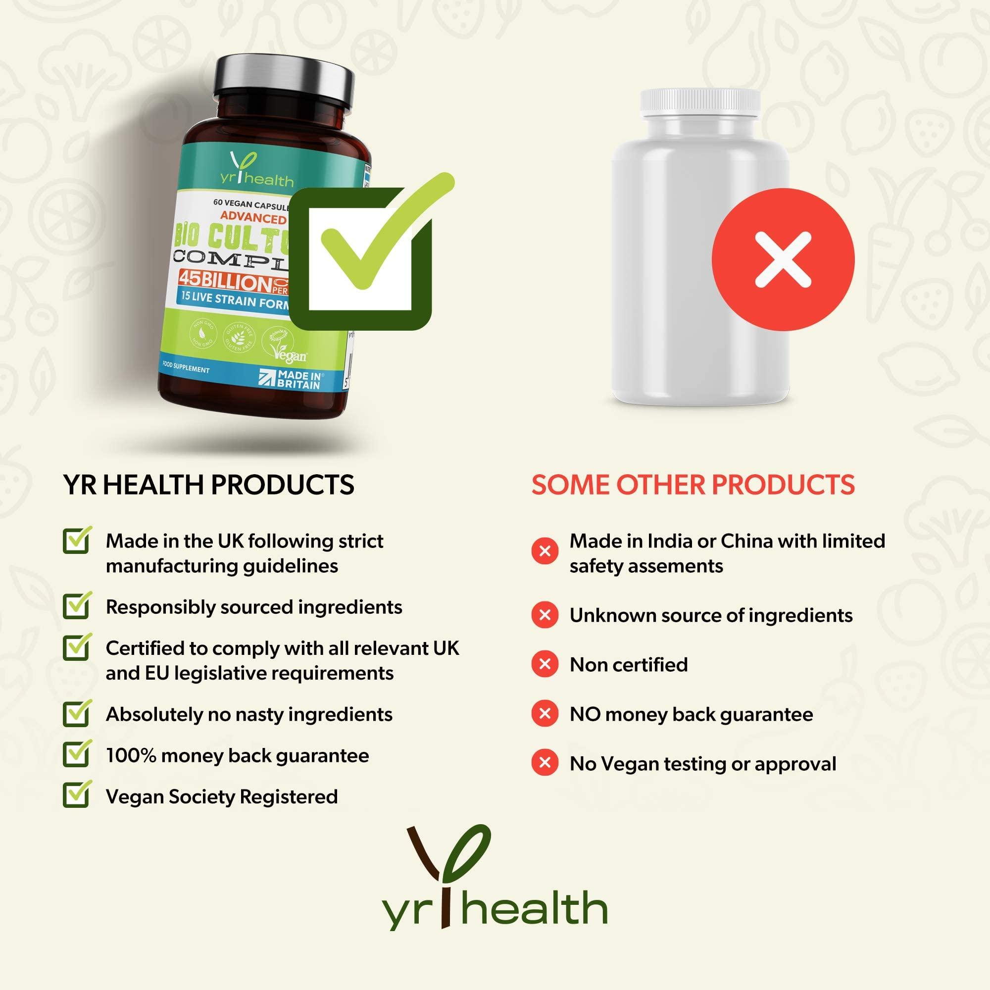 yrhealth Vegan Bio Cultures Complex - 45 Billion CFU, 15 Active Bacteria Strains - Maximum Strength Multi Strain Complex - Probiotics Women Gut Health and Men, 60 Capsules - Made in The UK by YrHealth