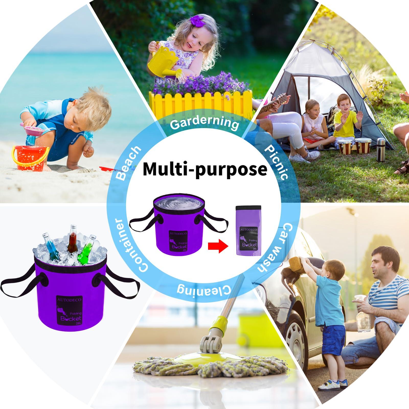 AUTODECO AUTODECO Collapsible Bucket 5 Gallon Container Folding Water Bucket Portable Wash Basin for Camping Fishing Travelling Outdoor Gardening Purple 1Pcs 20L