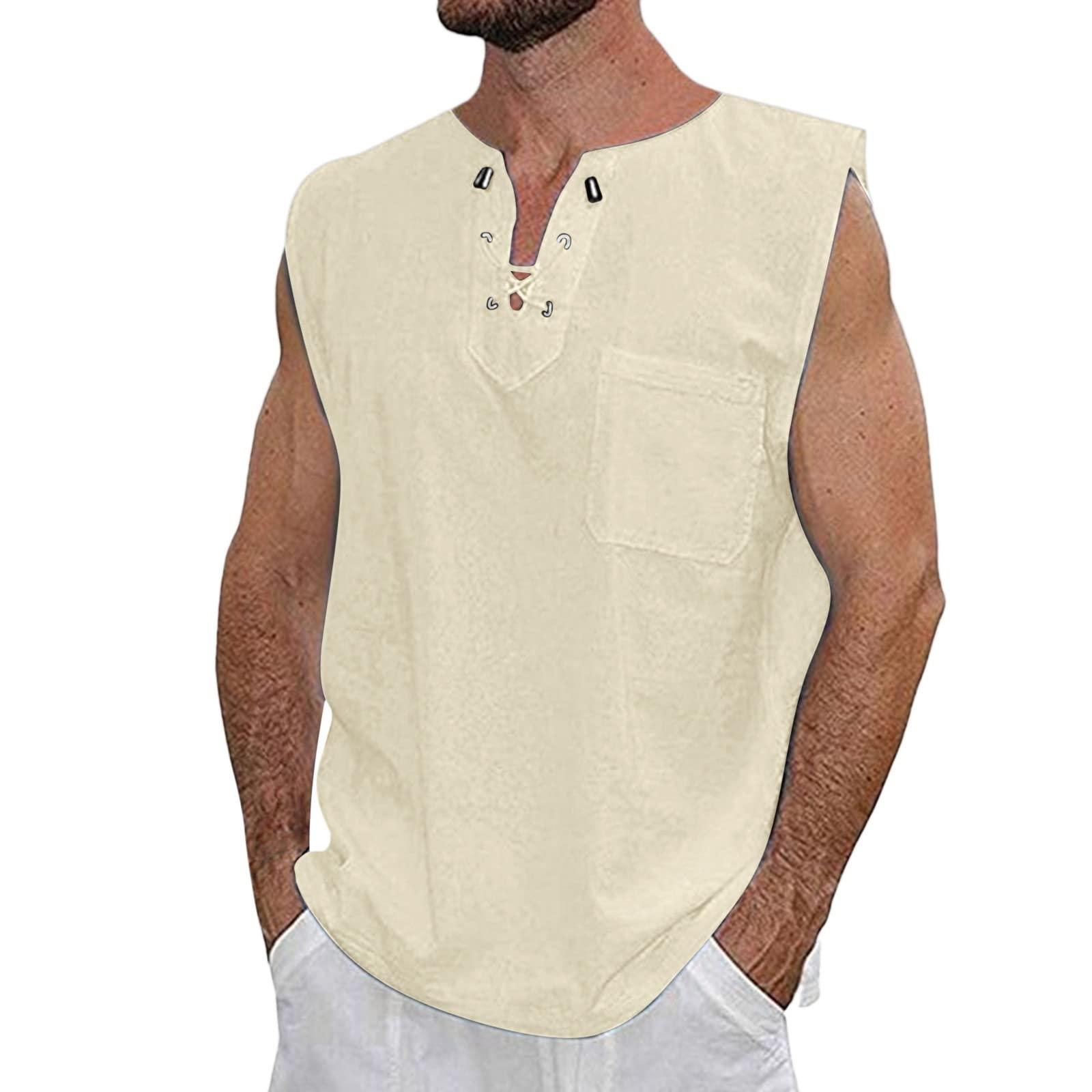Gefomuofe Gefomuofe Men's Cotton Linen Tank Top Medieval Sleeveless Summer Beach Tops Drawstring V Neck Renaissance Viking Costume Casual Lacing Pirate Shirt, khaki, XL