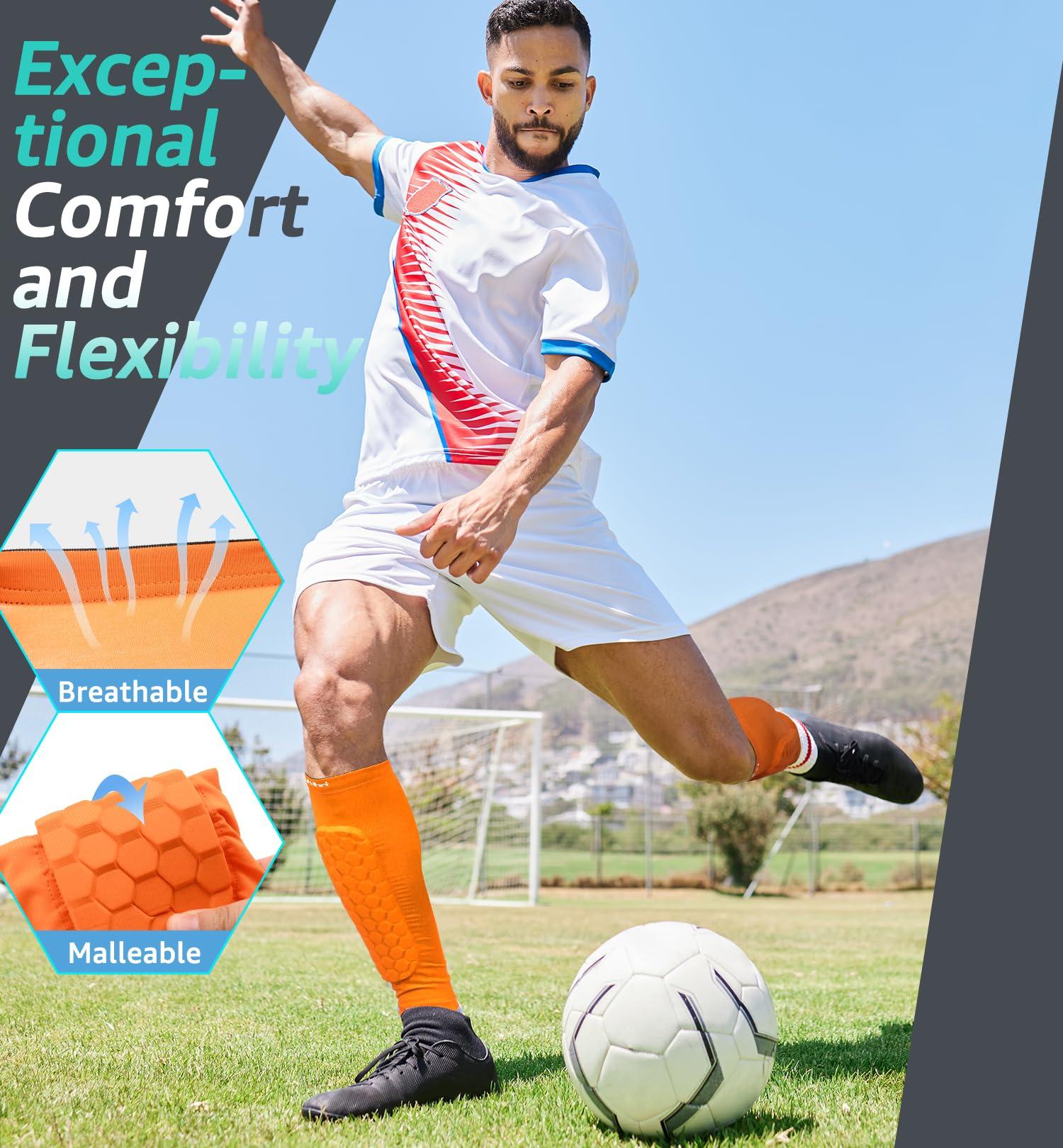 HiRui HiRui Soccer Shin Guards Shin Pads for Kids Youth Adult, Calf Compression Sleeve with Honeycomb Pads, Support for Shin Splint Baseball Boxing Kickboxing MTB, Lightweight(1PAIR)(Orange, L)