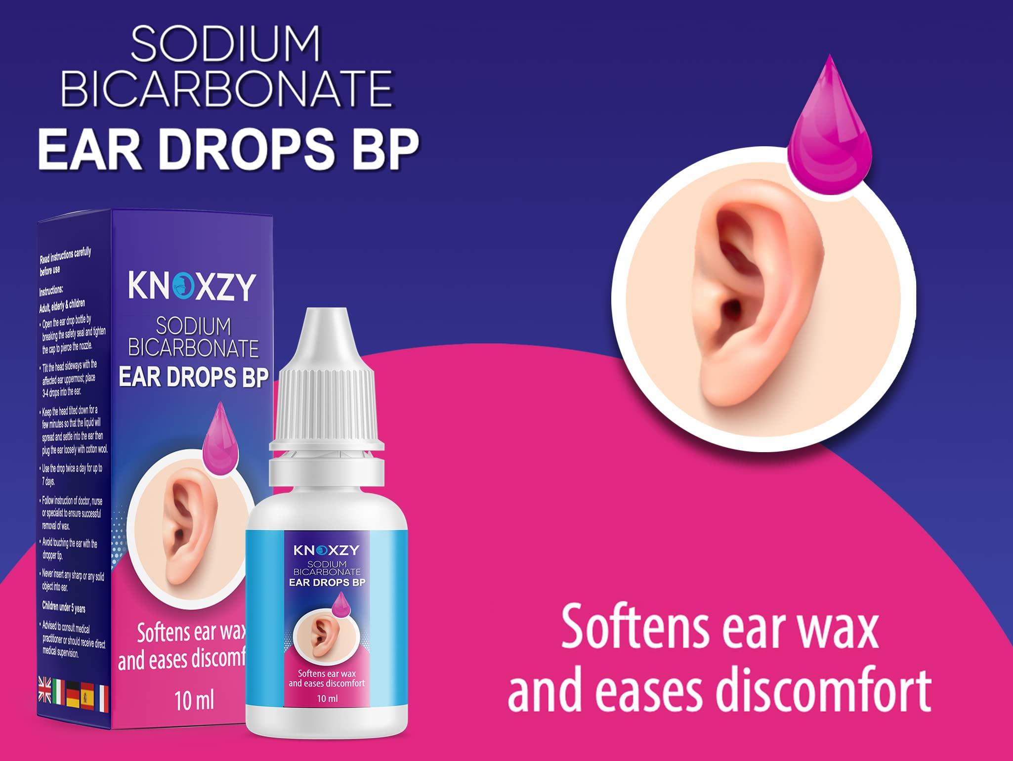 KNOXZY Knoxzy Sodium Bicarbonate Ear Wax Removal Drops, Clinically Tested Ear Drops, Ear Wax Softener for Clogged Ear Relief and Swimmers Ear - 10ml (Pack of 3).