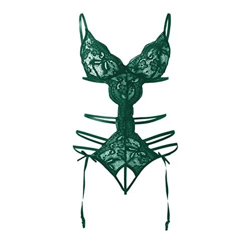 FGUUTYM FGUUTYM Lingerie Crotch Open Set Women's Lingerie with Press Stud Fastening, Sexy Lace Bodysuit with Deep V, Teddy Lace, Push-Up Bodysuit Lingerie Women's Lingerie, Green, L