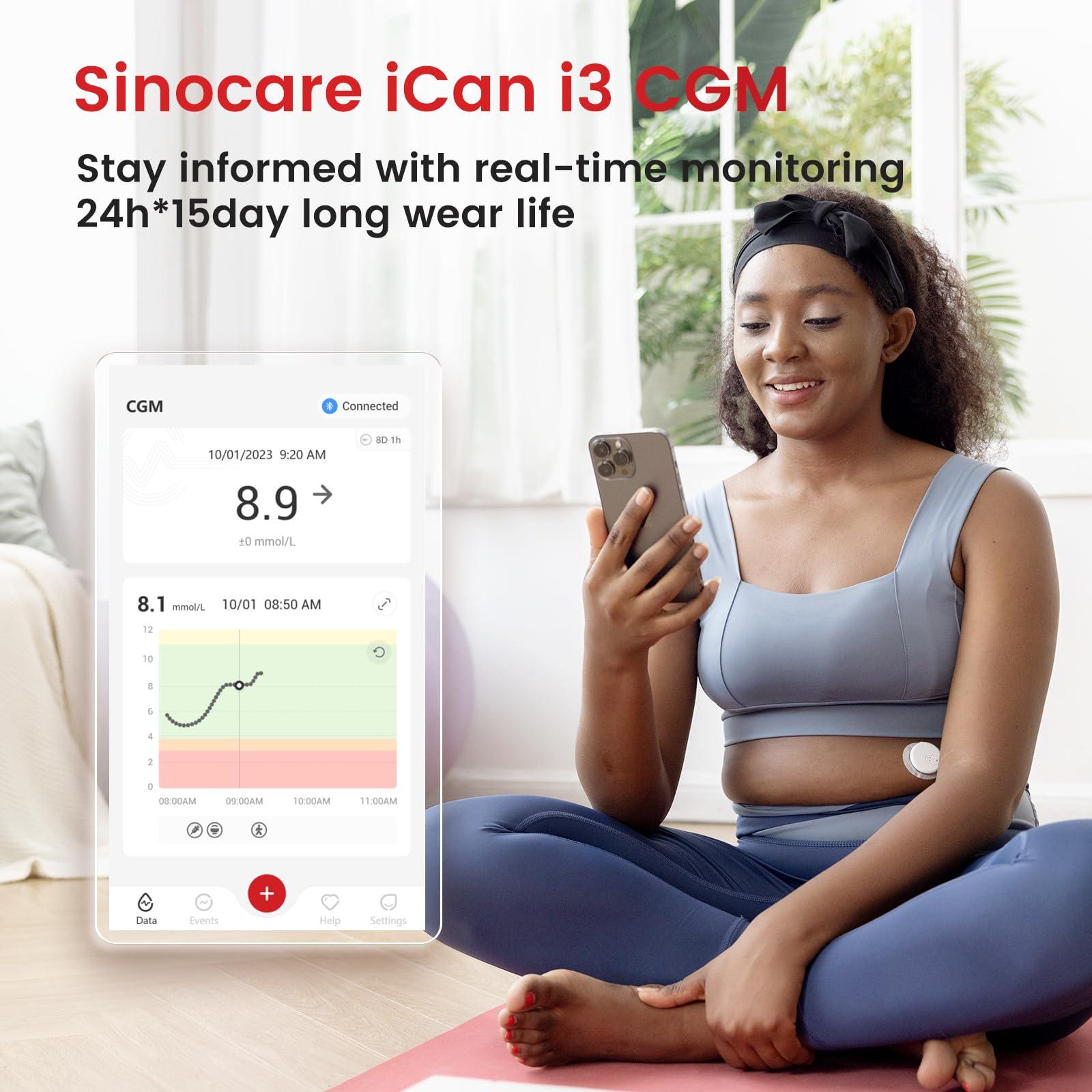 sinocare Sinocare iCan CGM, Continuous Glucose Monitor, 15 Days Wear-life & IP28, Every 3 Minutes Output Test Value Via iCan CGM App, Pack of 1 Sensor & Transmitter