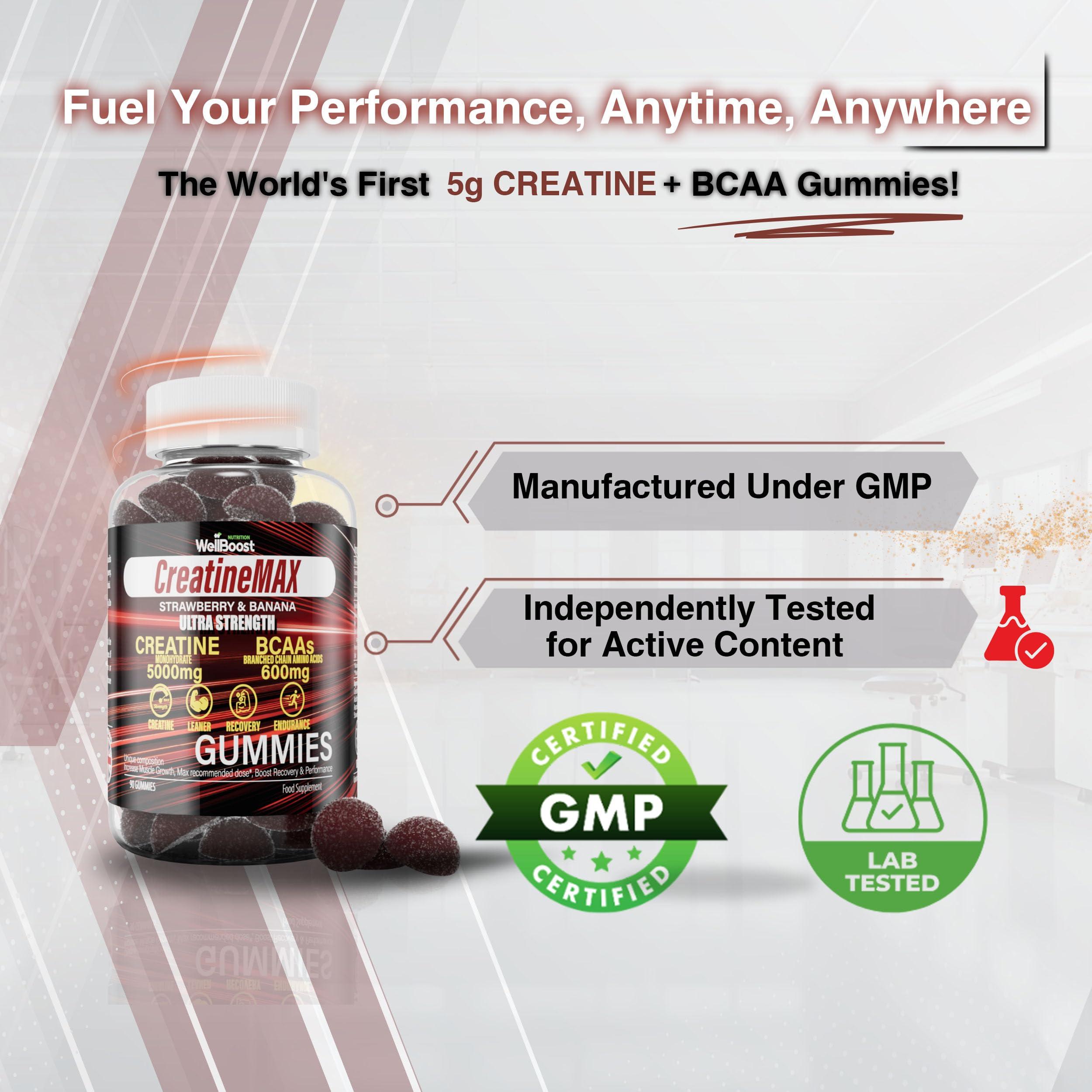 WellBoost WellBoost Creatine MAX Gummies - 5000mg Creatine Monohydrate & 600mg BCAAs per Serving - Vegan, Sugar-Free Chewable Gummies with Strawberry & Banana Flavour - 90 Gummies (1 Month Supply)