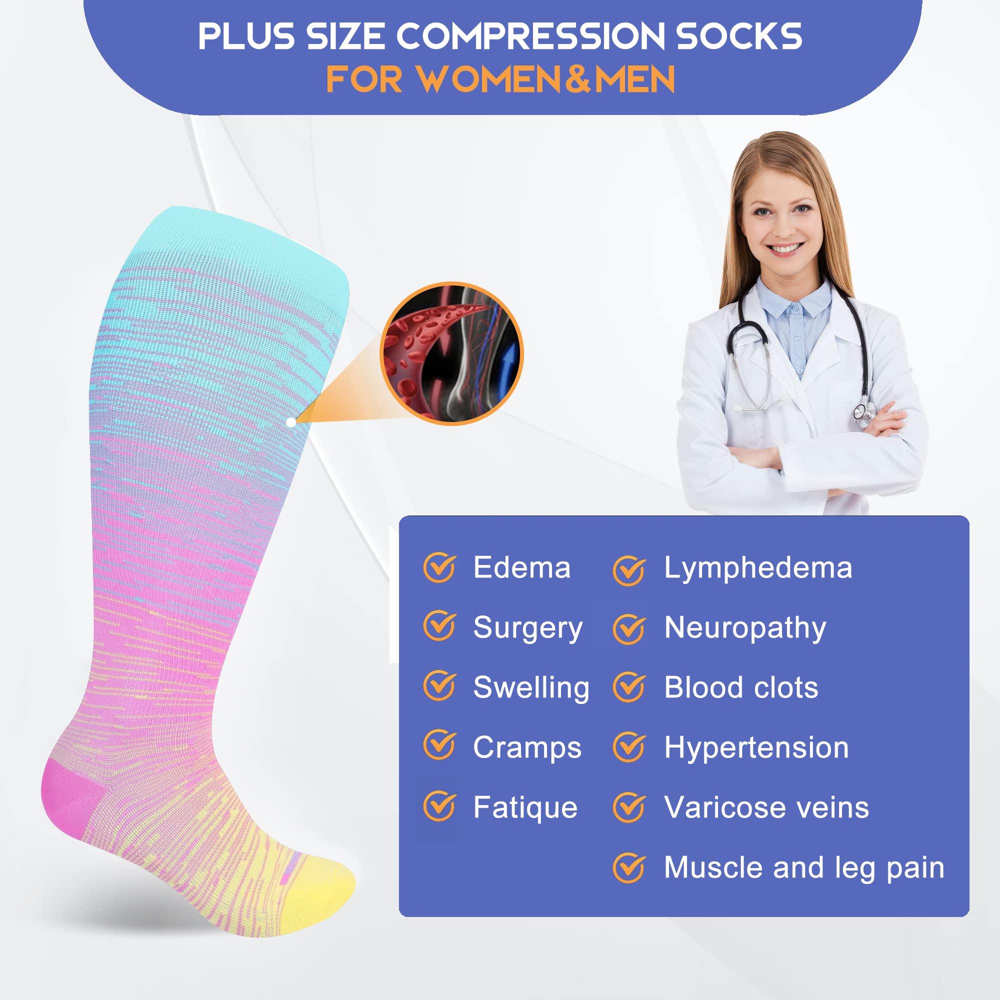 LEVSOX LEVSOX Plus Size Compression Socks for Women Men Wide Calf Extra Large 15-20 mmHg Knee High Sock for Nurses Pregnant Travel, 3 Pairs/Tie Dye, Large