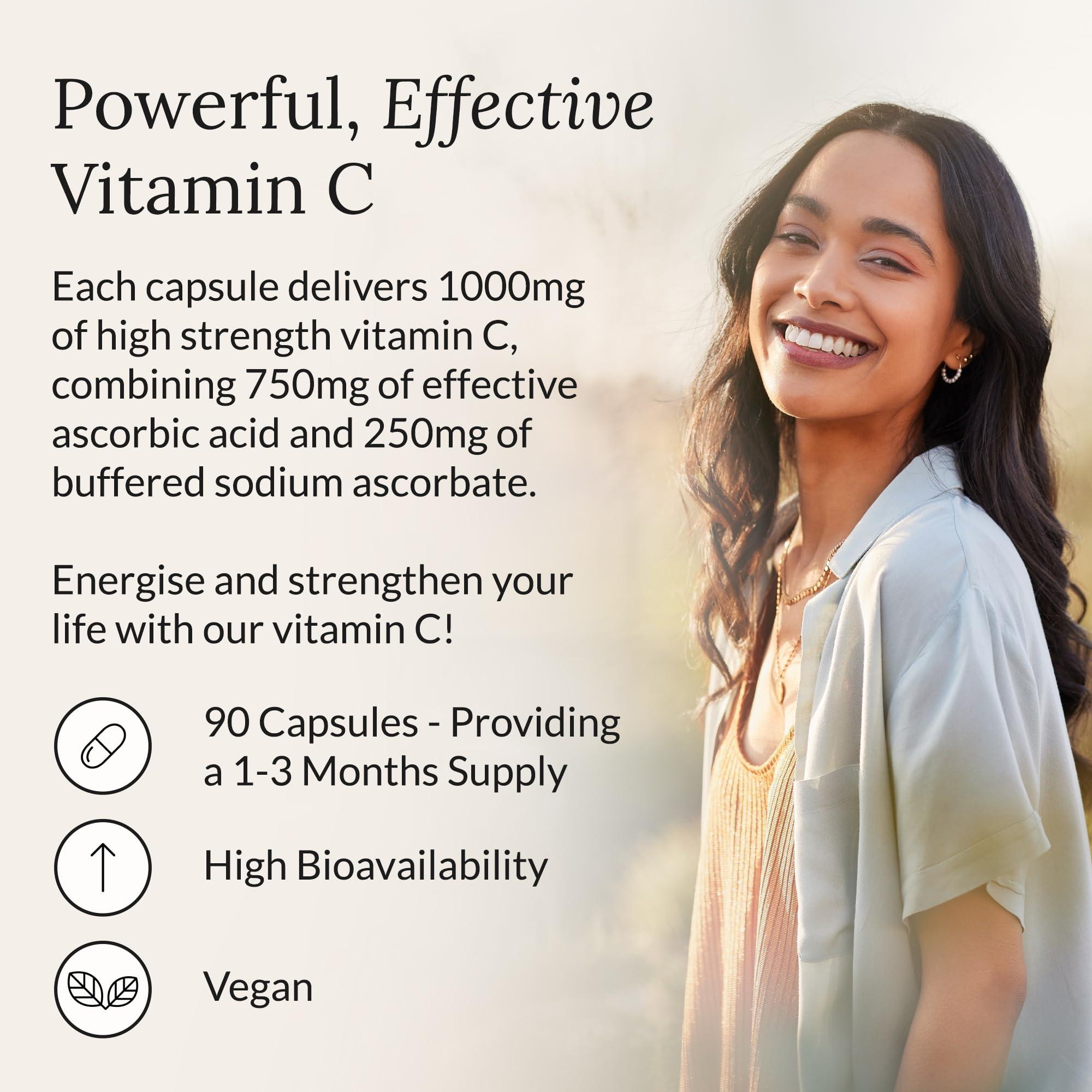 puramins Vitamin C 1000mg, Pure High Strength Vitamin C Capsules with No Additives, Fillers or Binders, Ascorbic Acid and Sodium Ascorbate Powder Complex Supplement, 90 Vegan Capsules, Made in UK by Puramins